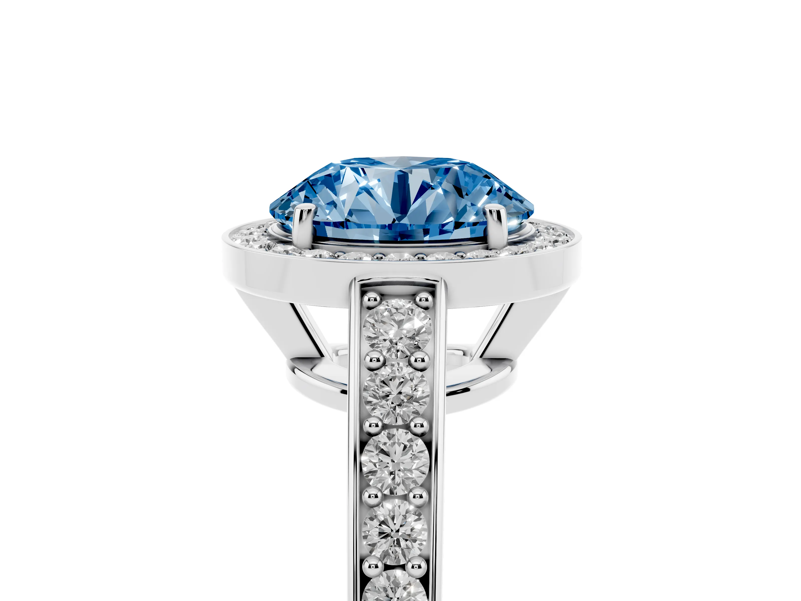 Fancy Blue Round Cut Diamond Halo Pavé Engagement Ring Set in Silver with Bezel Setting