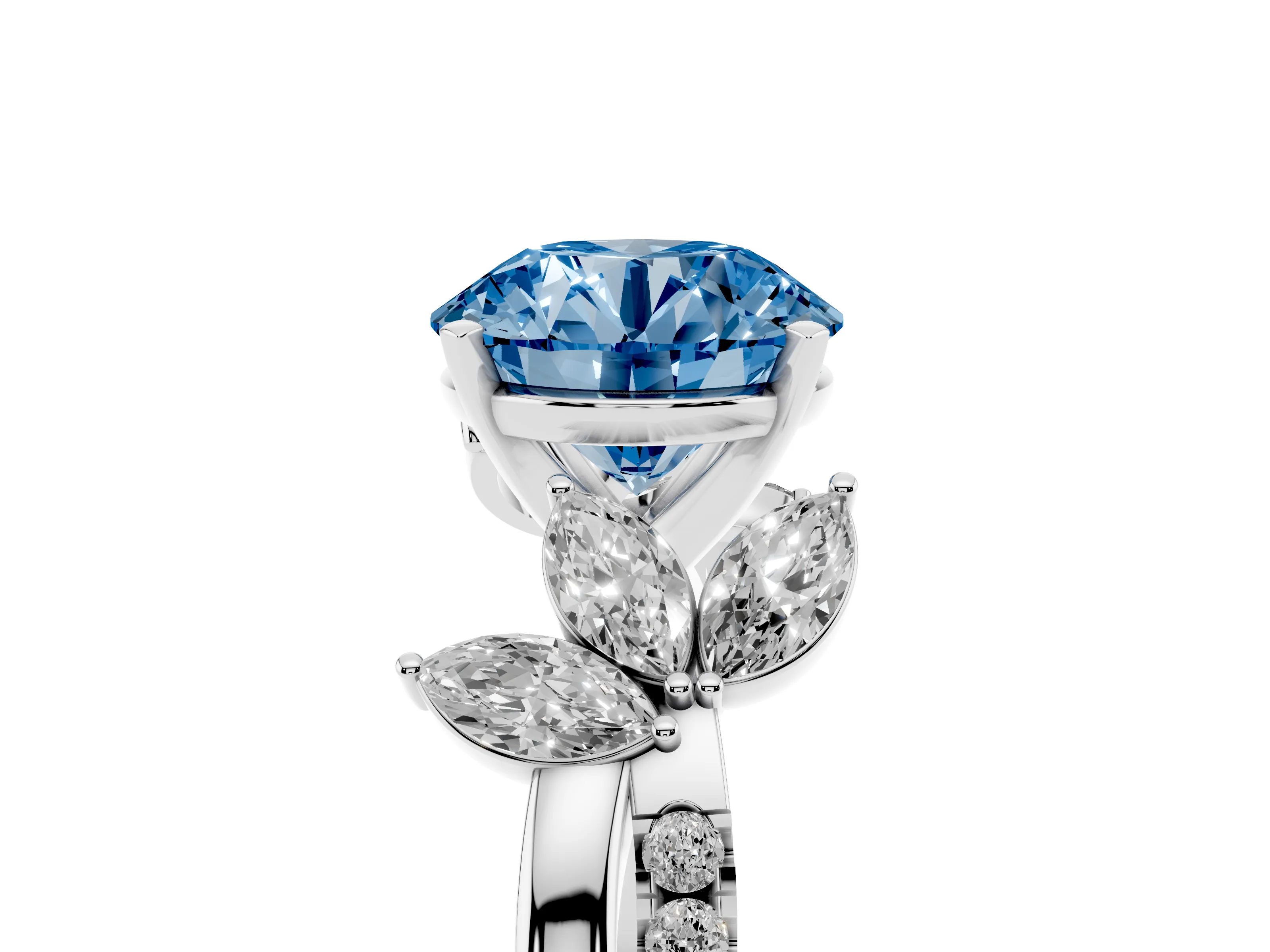 Fancy Blue Round Cut Diamond Floral Vine Solitaire Engagement Ring Set in Silver with Marquise Leaves