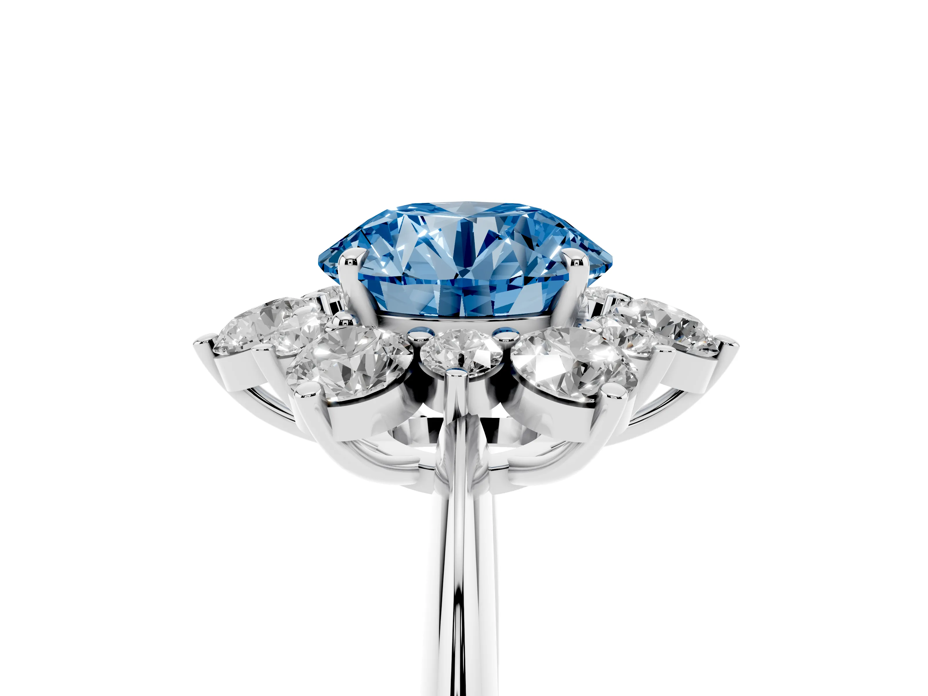 Fancy Blue Round Cut Diamond Cluster Halo Ring Set in Silver with Solitaire Band and Prong Setting