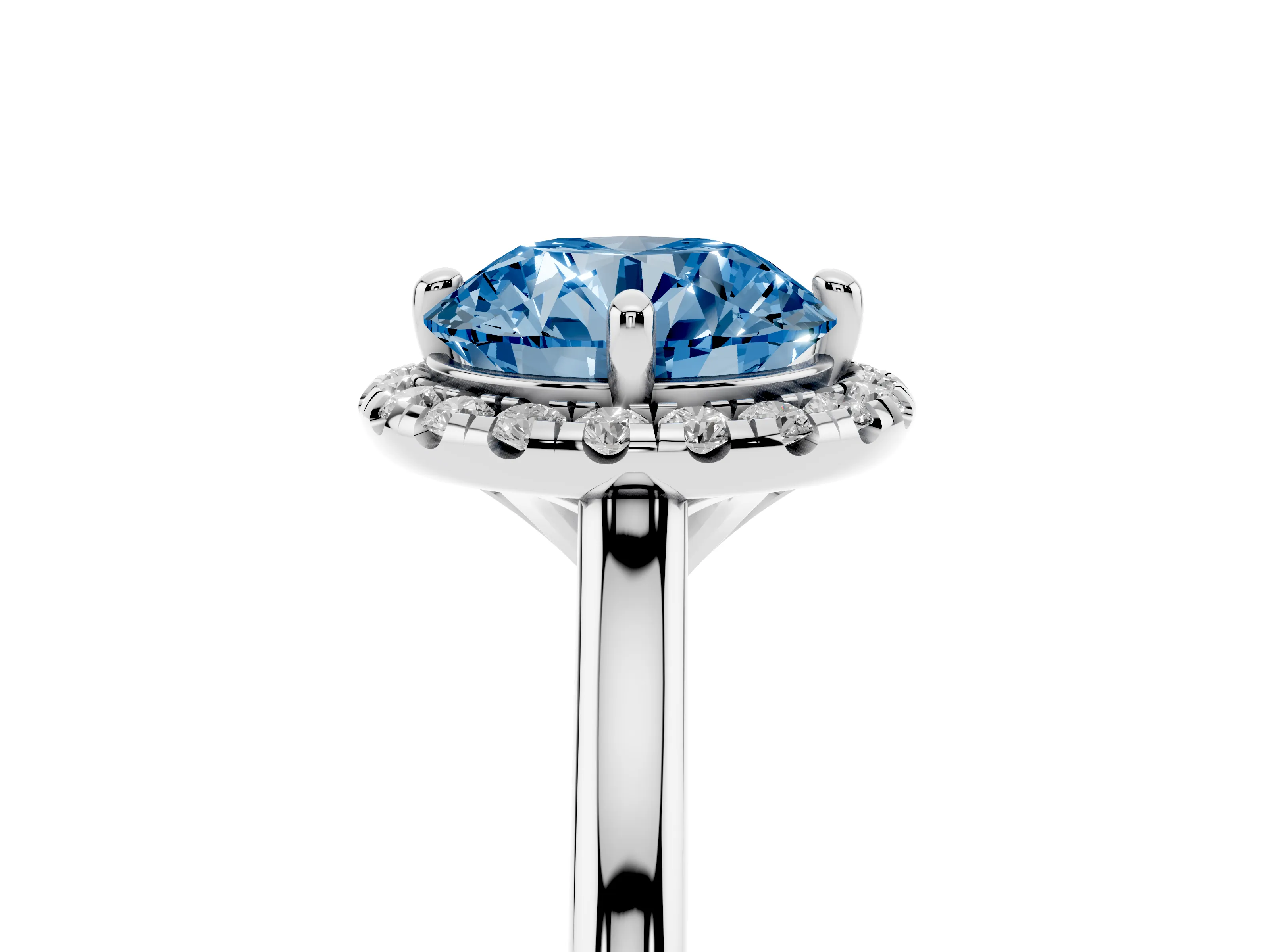 Fancy Blue Round Cut Diamond Halo Engagement Ring Set in Platinum with Pavé Band and Rising Shoulders