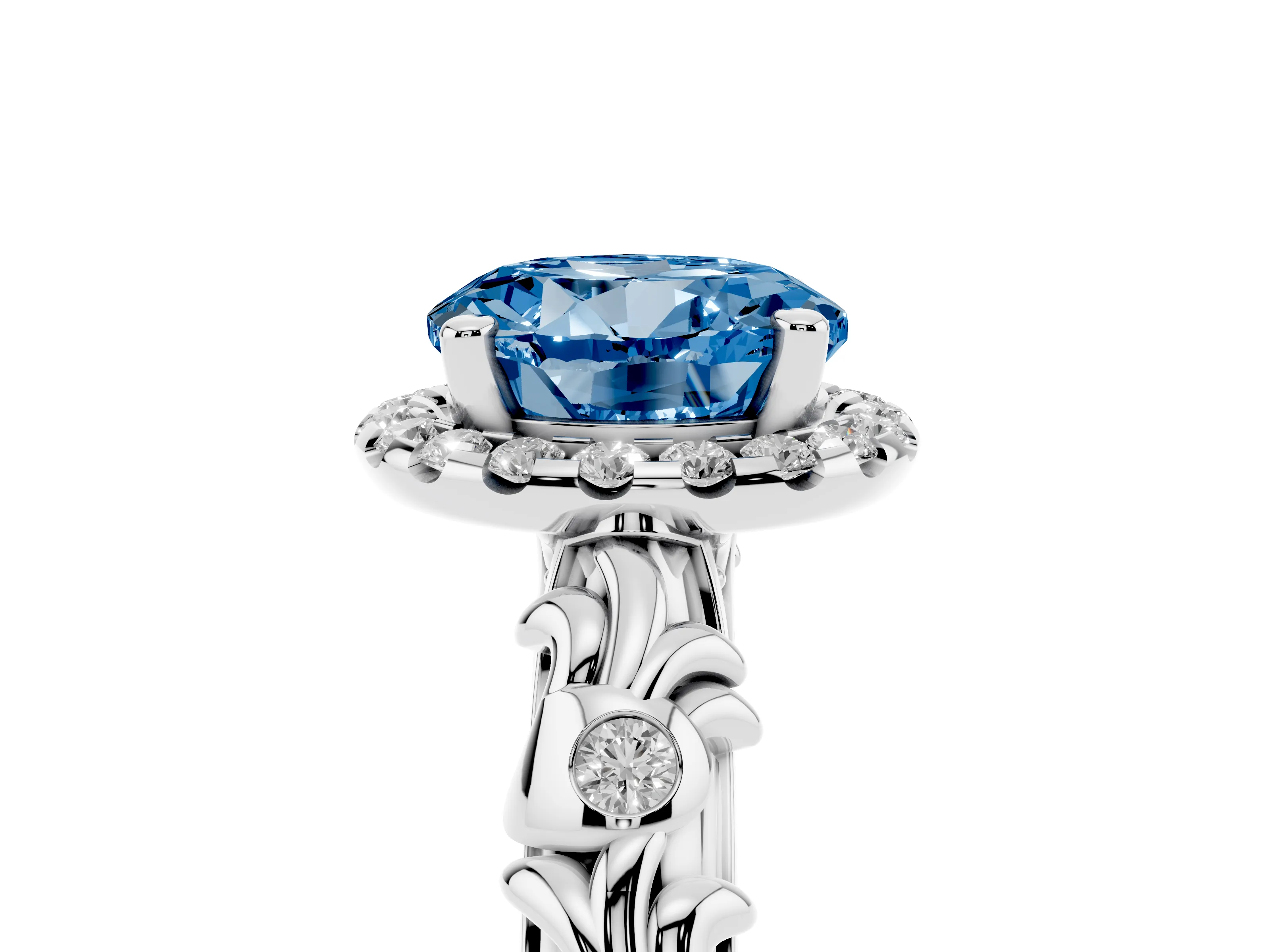 Fancy Blue Round Cut Diamond Halo Ring Set in Platinum with Filigree Leaf Band and Prong Setting