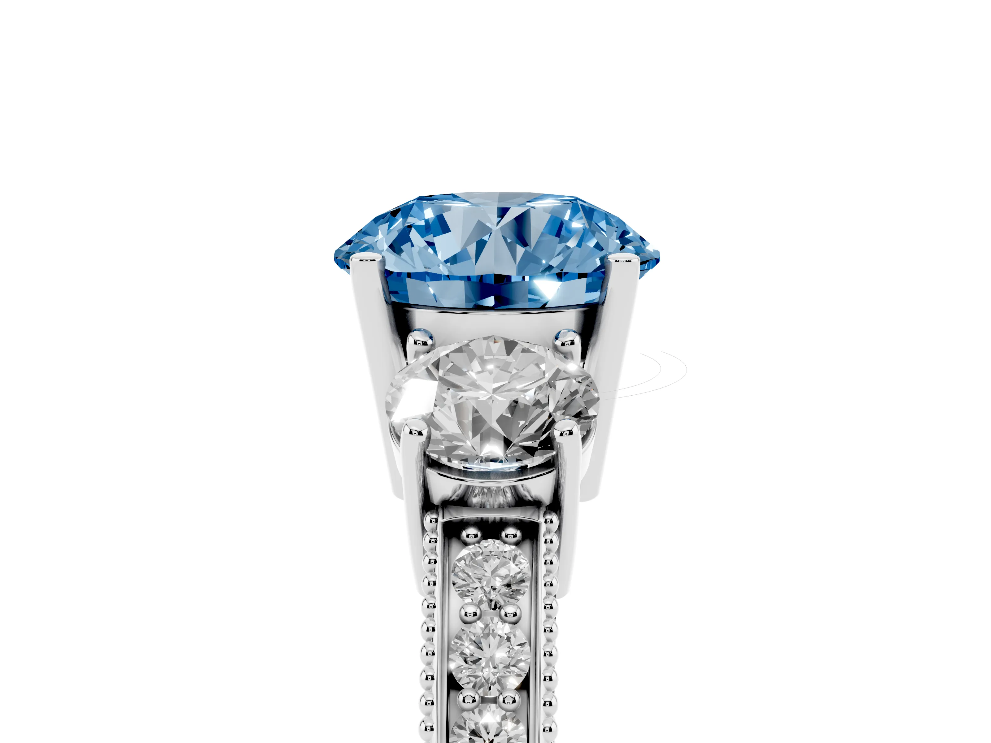 Fancy Blue Round Cut Diamond Three-Stone Ring Set in White gold with Round Side Stones and Pavé Band