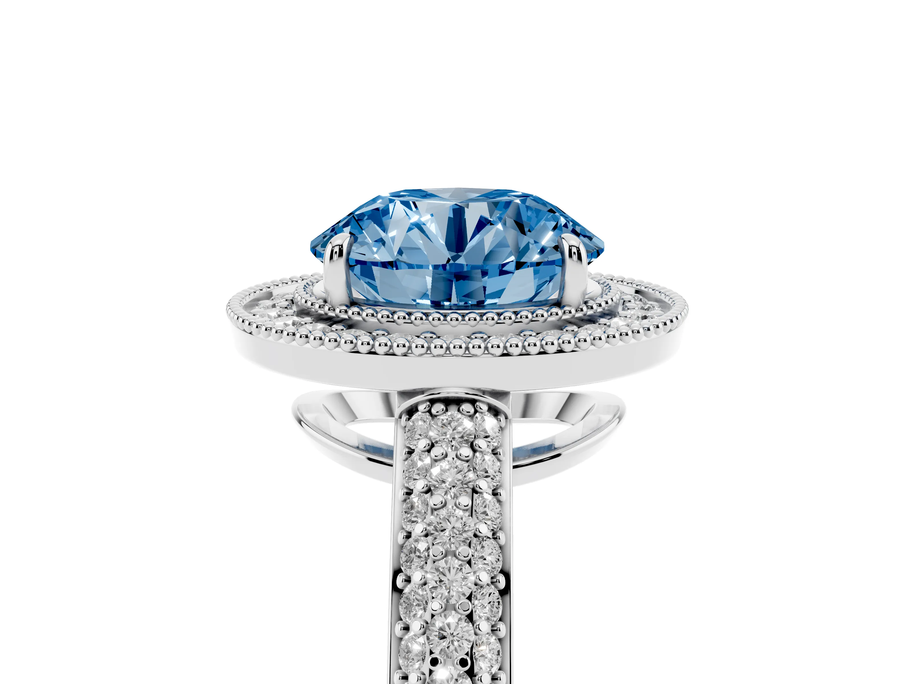 Fancy Blue Round Cut Diamond Halo Pavé Band Set in White gold with Prong Setting