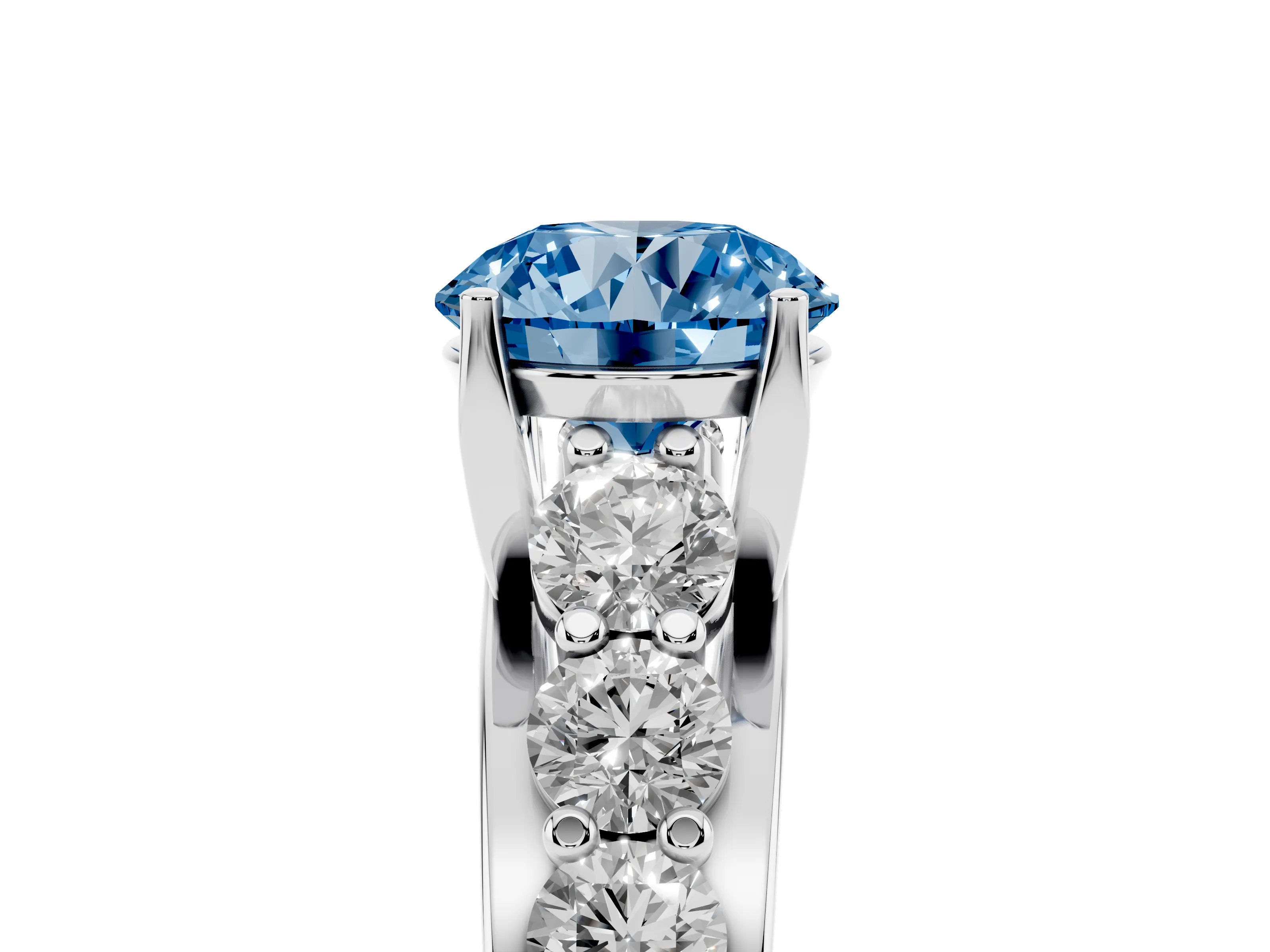 Fancy Blue Round Cut Diamond Pavé Engagement Ring Set in White gold with Prong Setting
