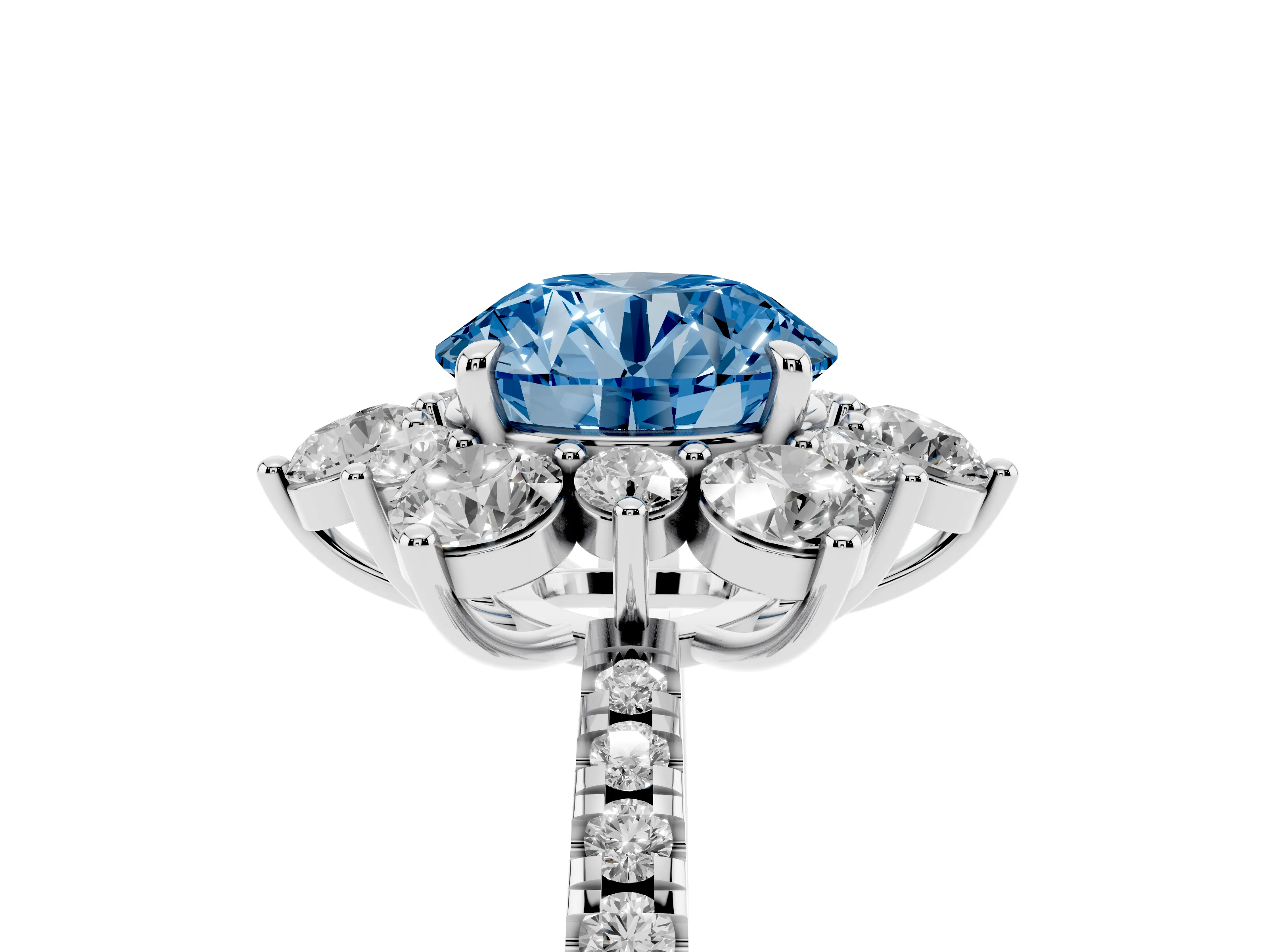Fancy Blue Round Cut Diamond Floral Halo Ring Set in White gold with Round Pavé Band and Prong Setting