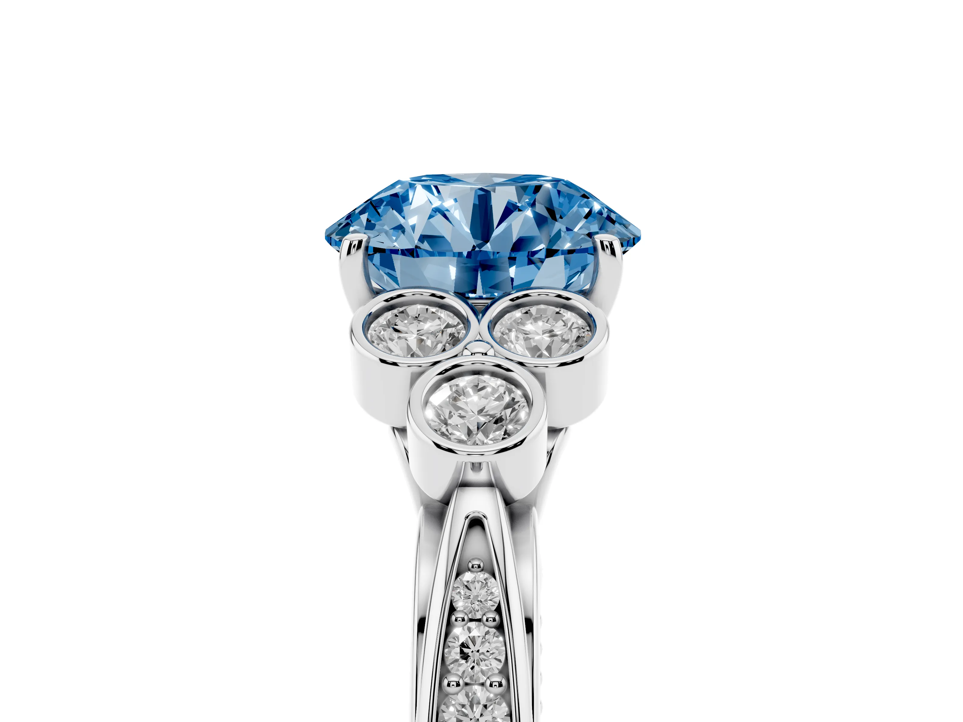 Fancy Blue Round Cut Diamond Engagement Ring Set in Platinum with Bezel Set Round Side Stones and Prong Setting