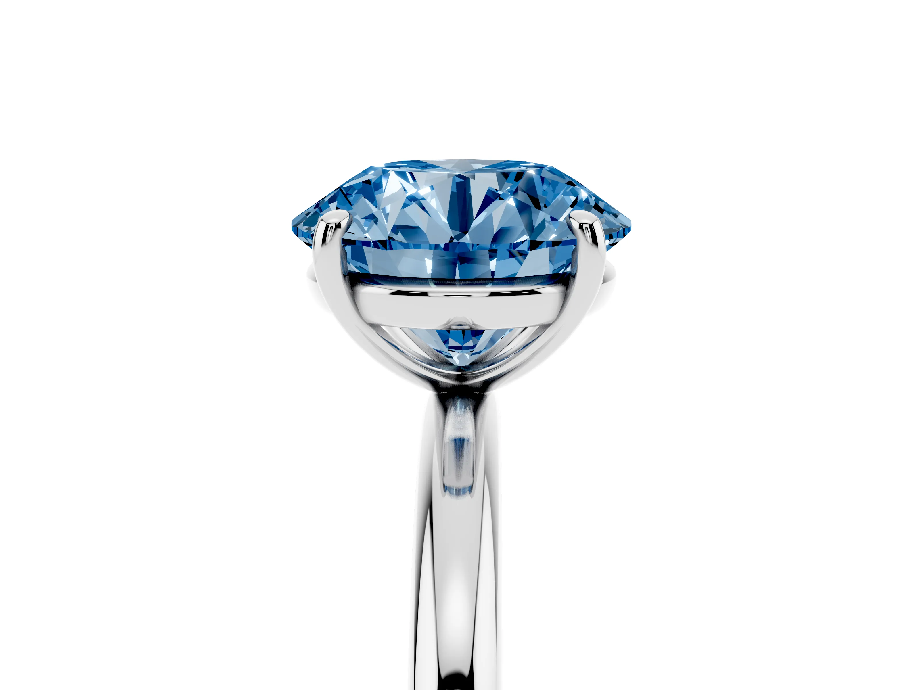 Fancy Blue Round Cut Diamond Solitaire Ring Set in Silver with Prong Setting on a Polished Plain Band