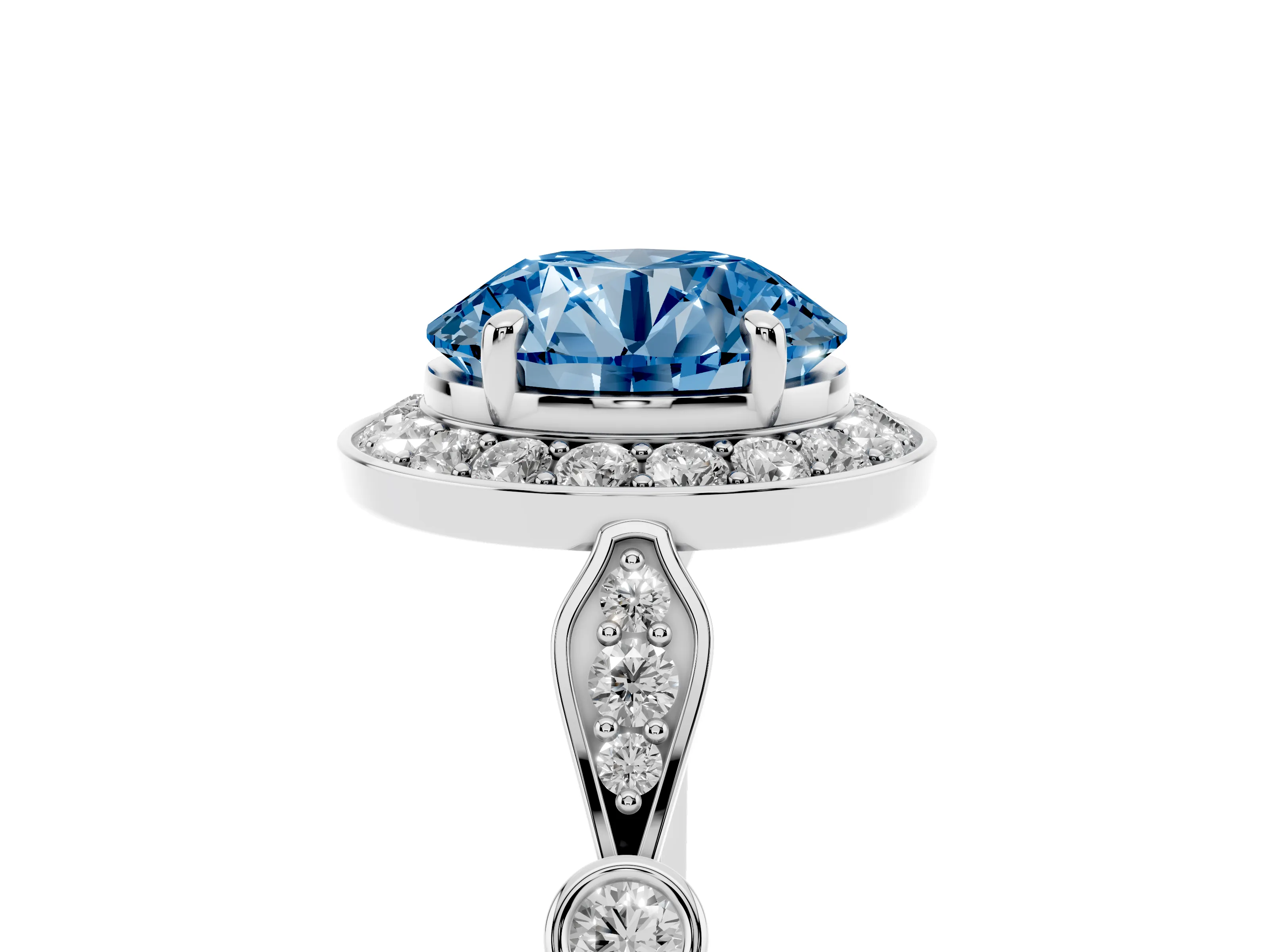 Fancy Blue Round Cut Diamond Halo Engagement Ring Set in Platinum with Twisted Band and Prong Setting
