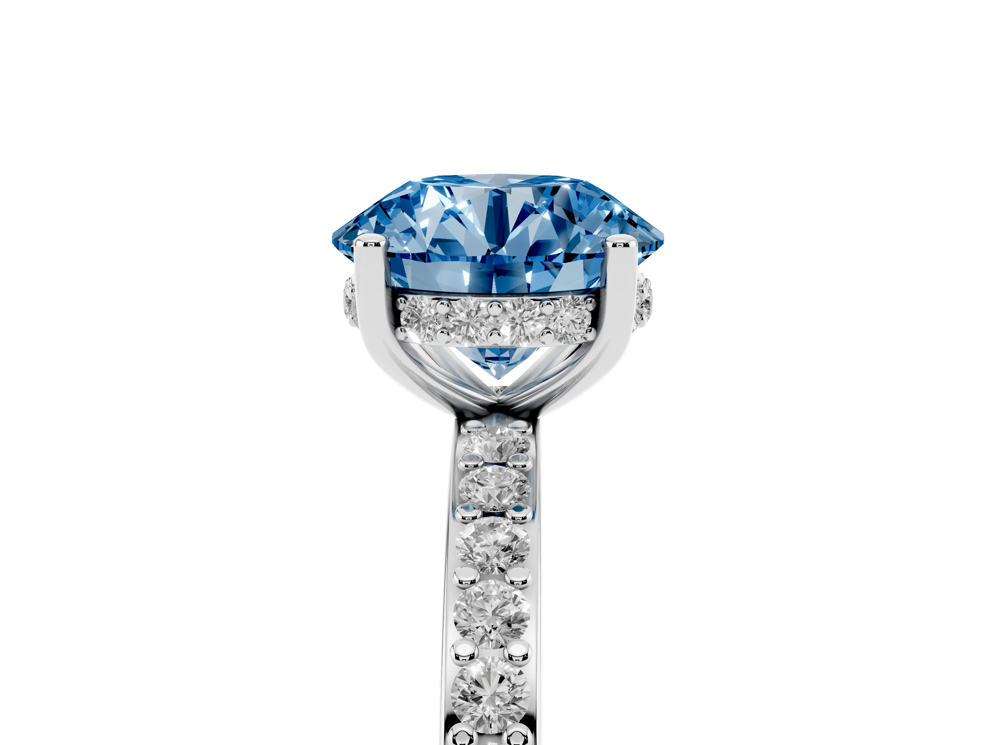 Fancy Blue Round Cut Diamond Pavé Band Ring Set in Silver with Prong-Set Center Stone