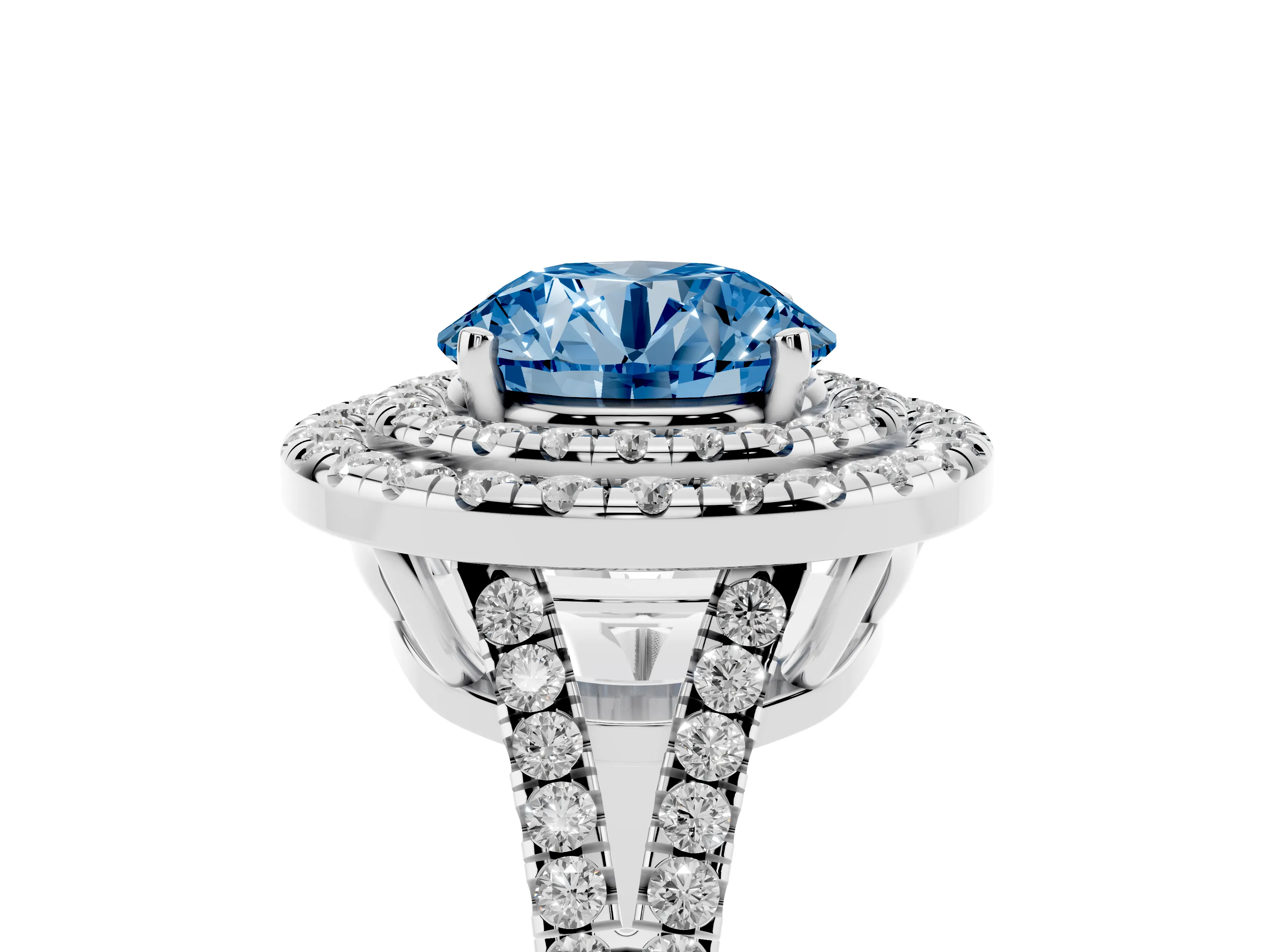 Fancy Blue Round Cut Diamond Double Halo Ring Set in Platinum with Pavé Band