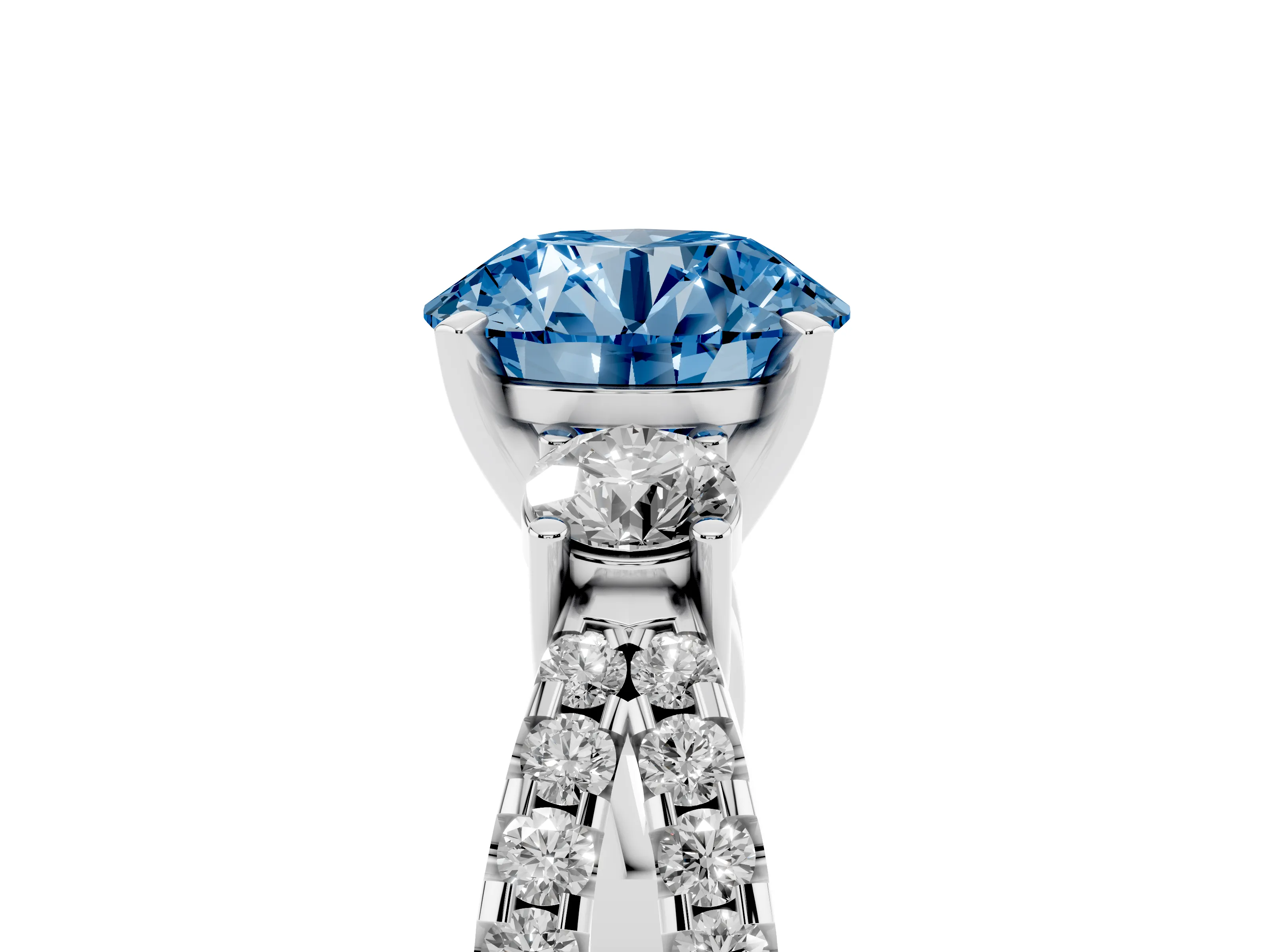 Fancy Blue Round Cut Diamond Three-Stone Ring Set in Silver with Pavé Split Shank and Prong Setting
