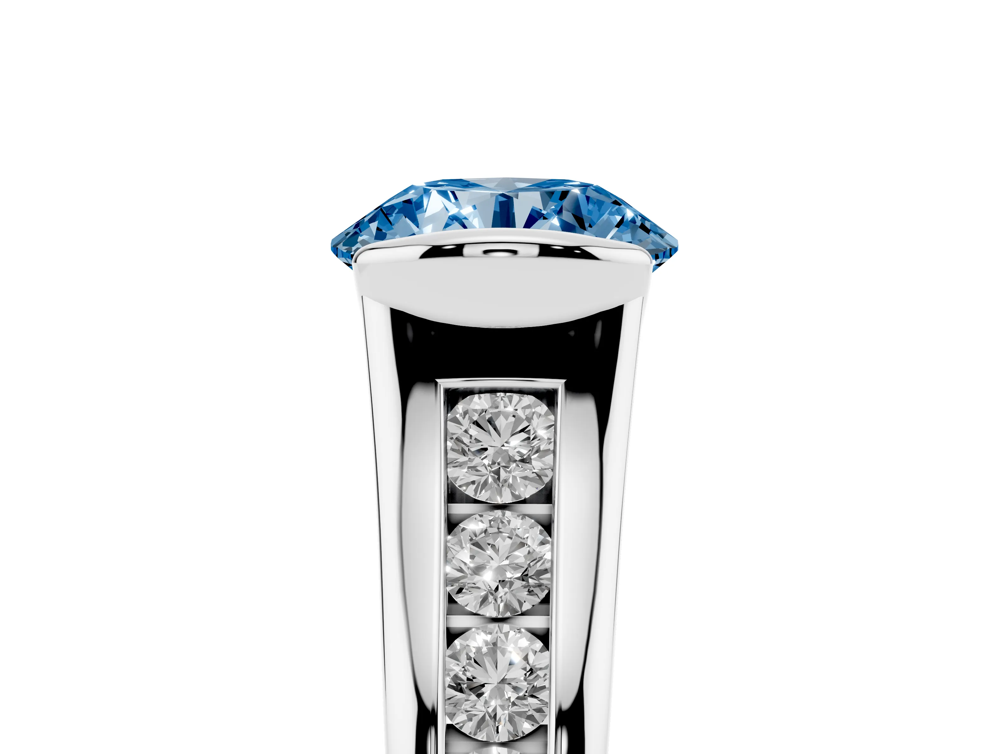 Fancy Blue Round Cut Diamond Bezel-Set Solitaire Ring Set in White gold with Channel-Set Band