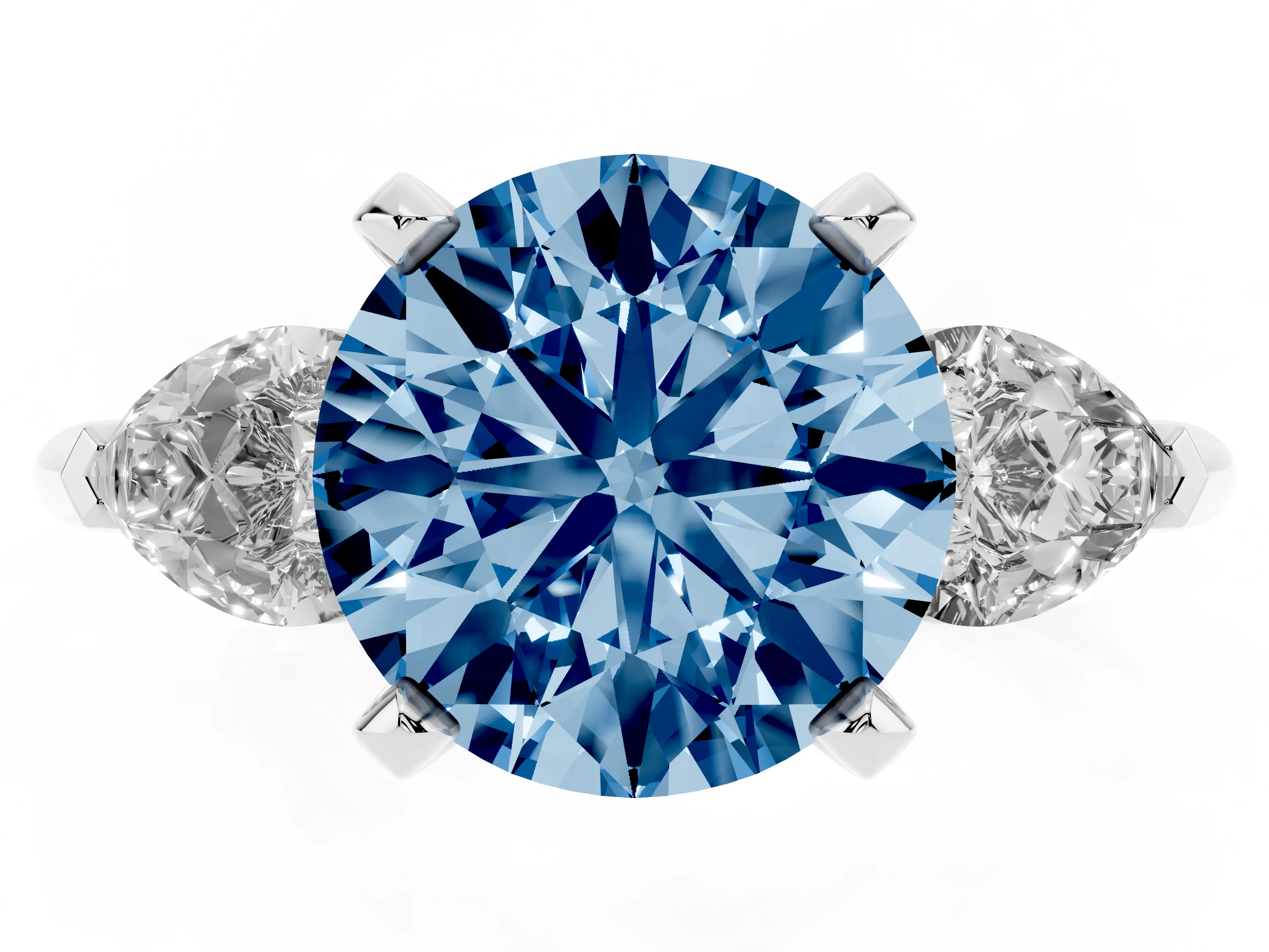 Fancy Blue Three-Stone Round Cut Diamond Ring Set in Silver with Pear Side Stones and Prong Setting