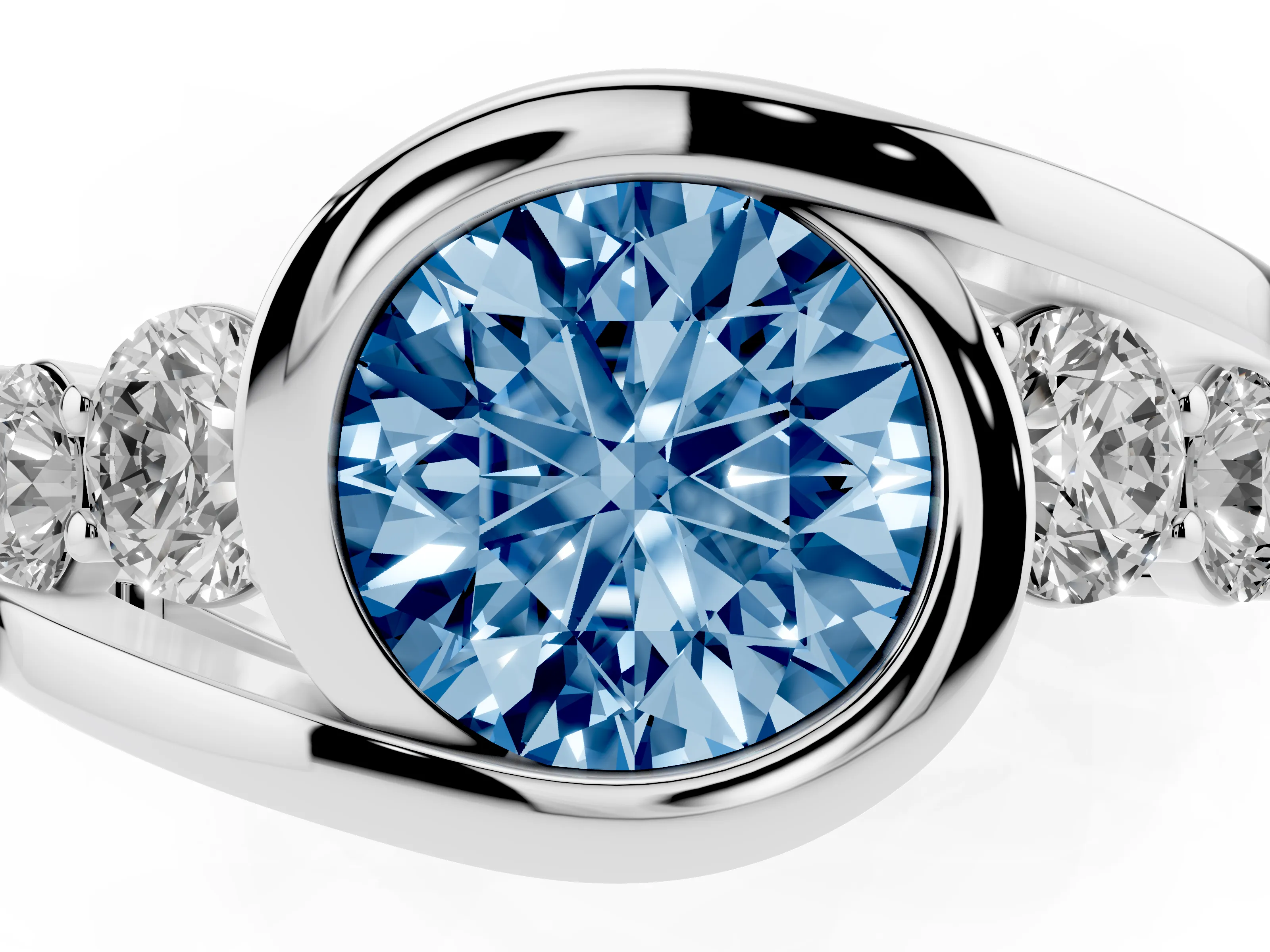 Fancy Blue Round Cut Diamond Bezel Bypass Ring Set in Platinum with Round Accents