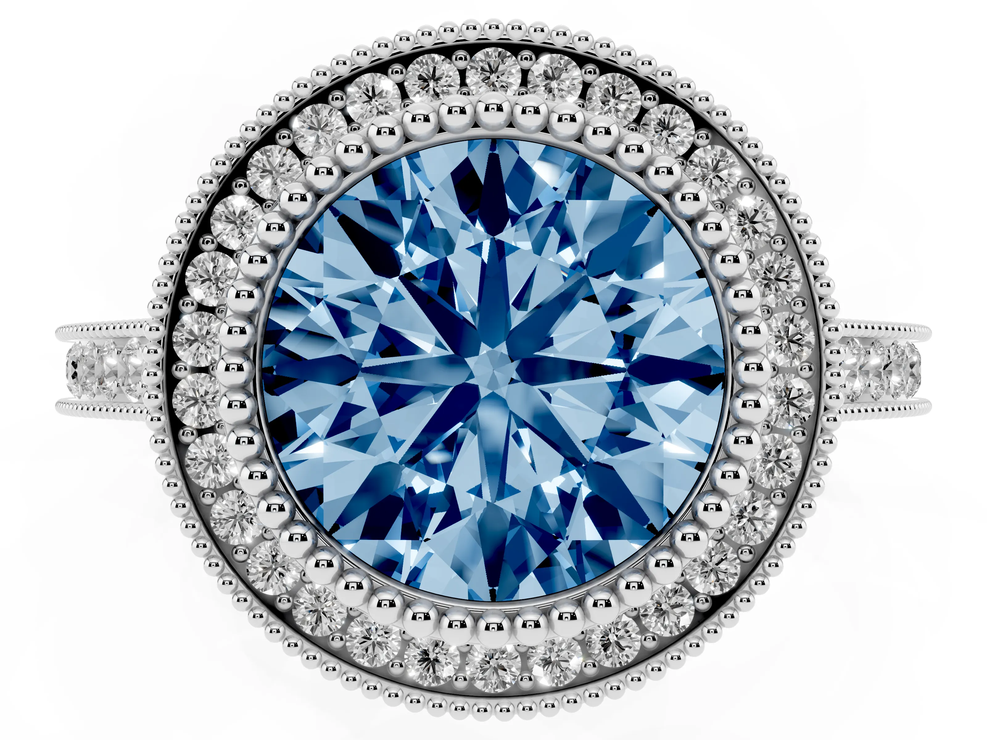 Fancy Blue Round Cut Diamond Halo Ring Set in Silver with Milgrain Frame and Pavé Band