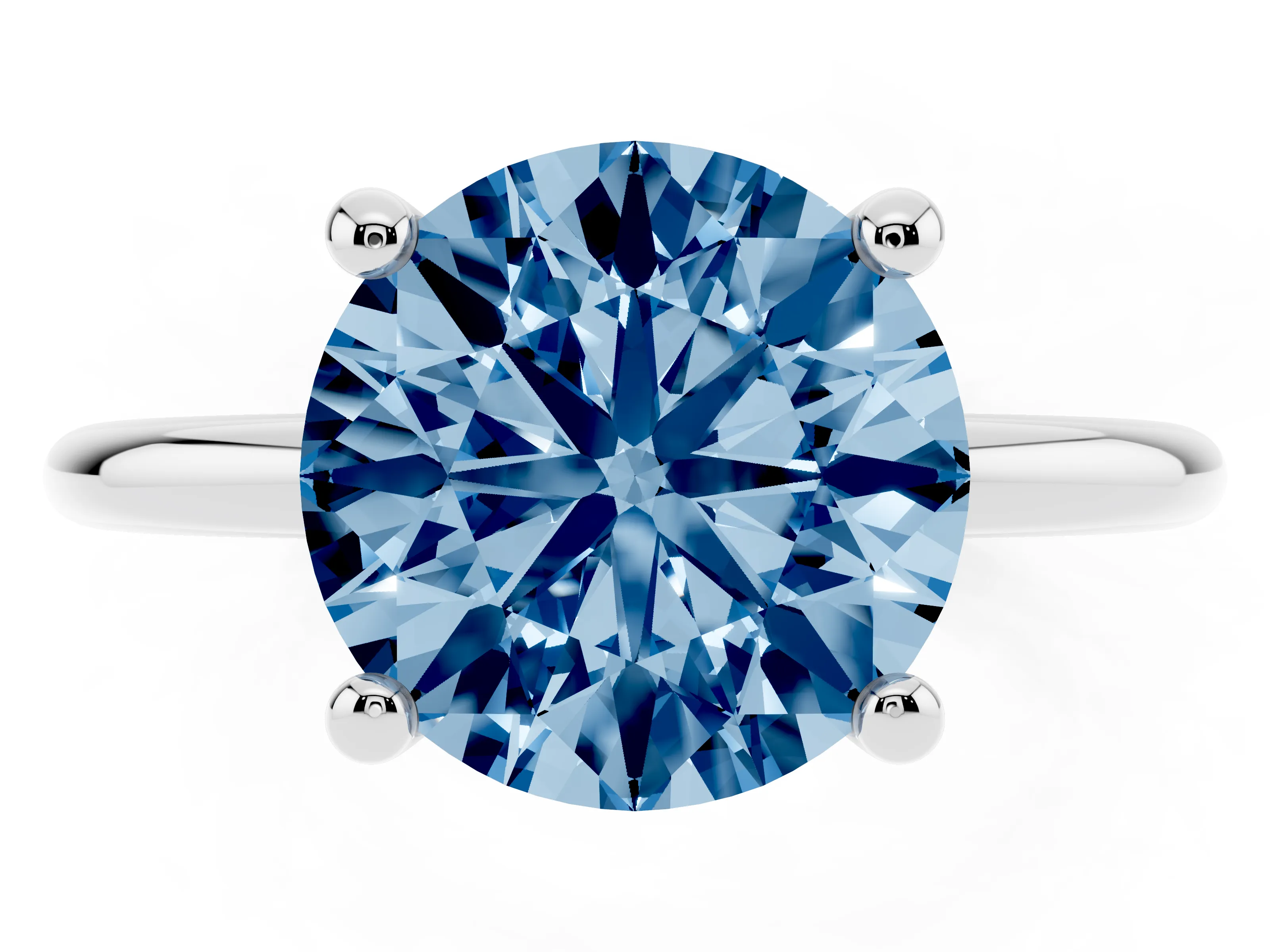 Fancy Blue Round Cut Diamond Solitaire Ring Set in White gold with Secure Prong Setting on a Classic Band