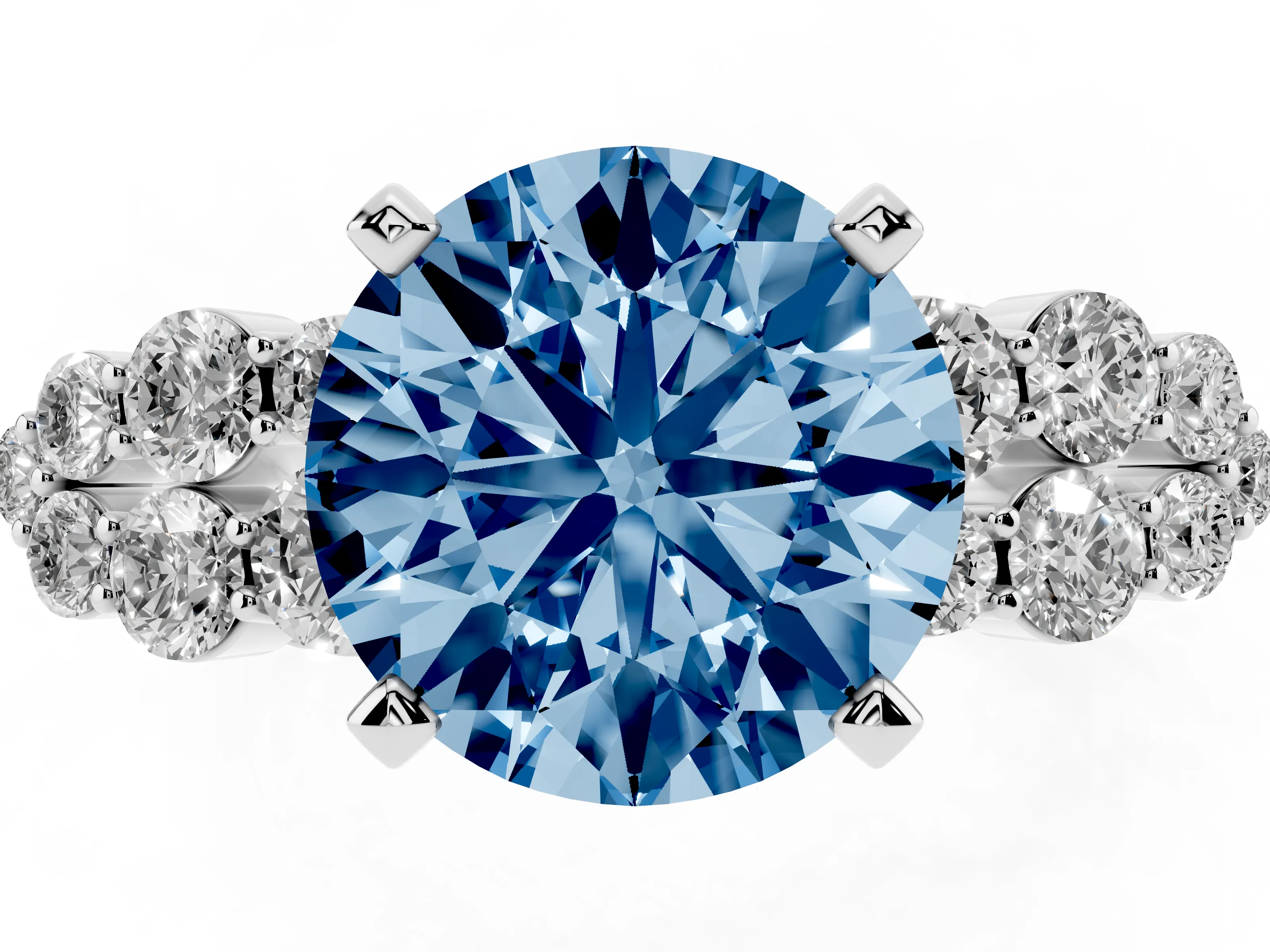 Fancy Blue Round Cut Diamond Cluster Engagement Ring Set in Silver with Pavé Band and Prong Setting