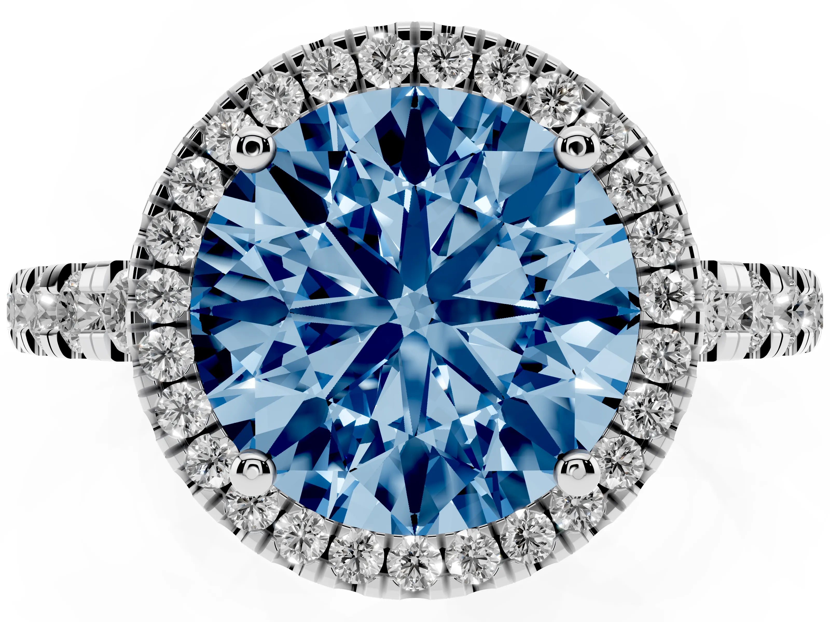 Fancy Blue Round Cut Diamond Halo Ring Set in Platinum with Delicate Pavé Band and Prong Setting