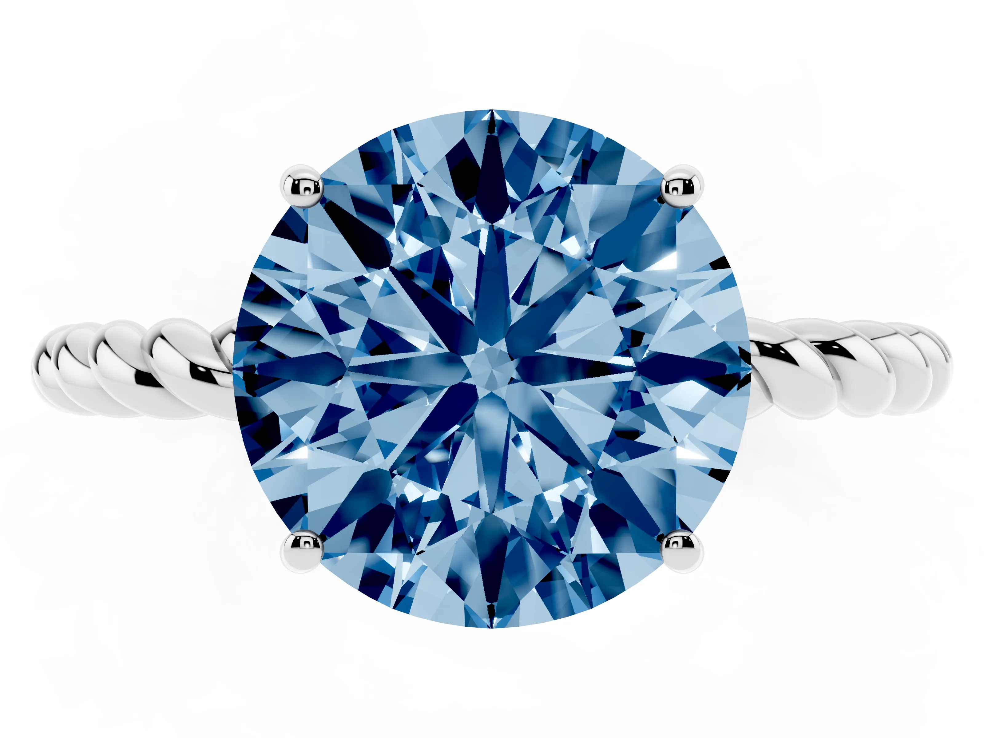 Fancy Blue Round Cut Diamond Solitaire Ring Set in White gold with Twist Band and Prong Setting