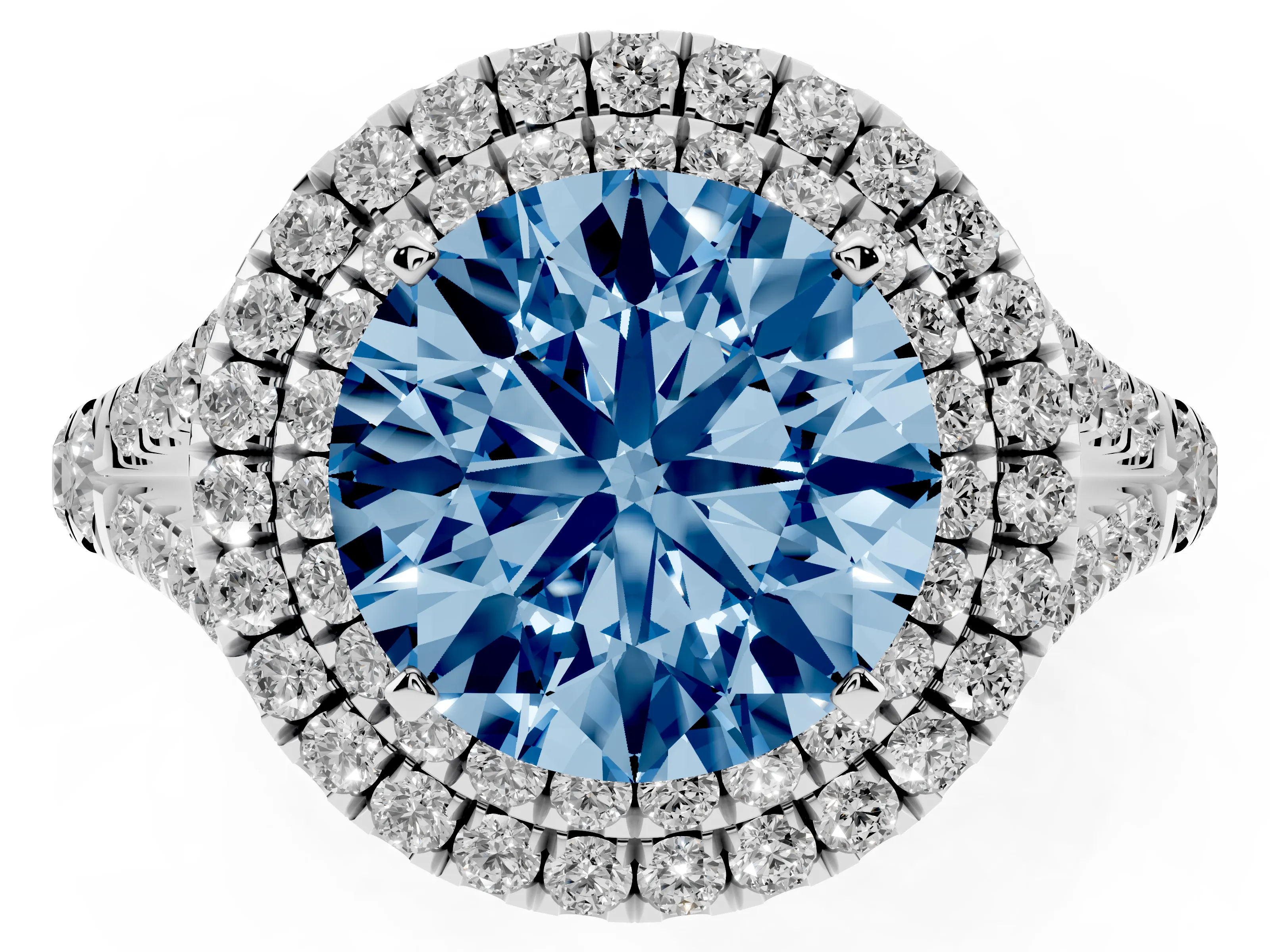 Fancy Blue Round Cut Diamond Pavé Split Shank Double Halo Engagement Ring Set in Silver