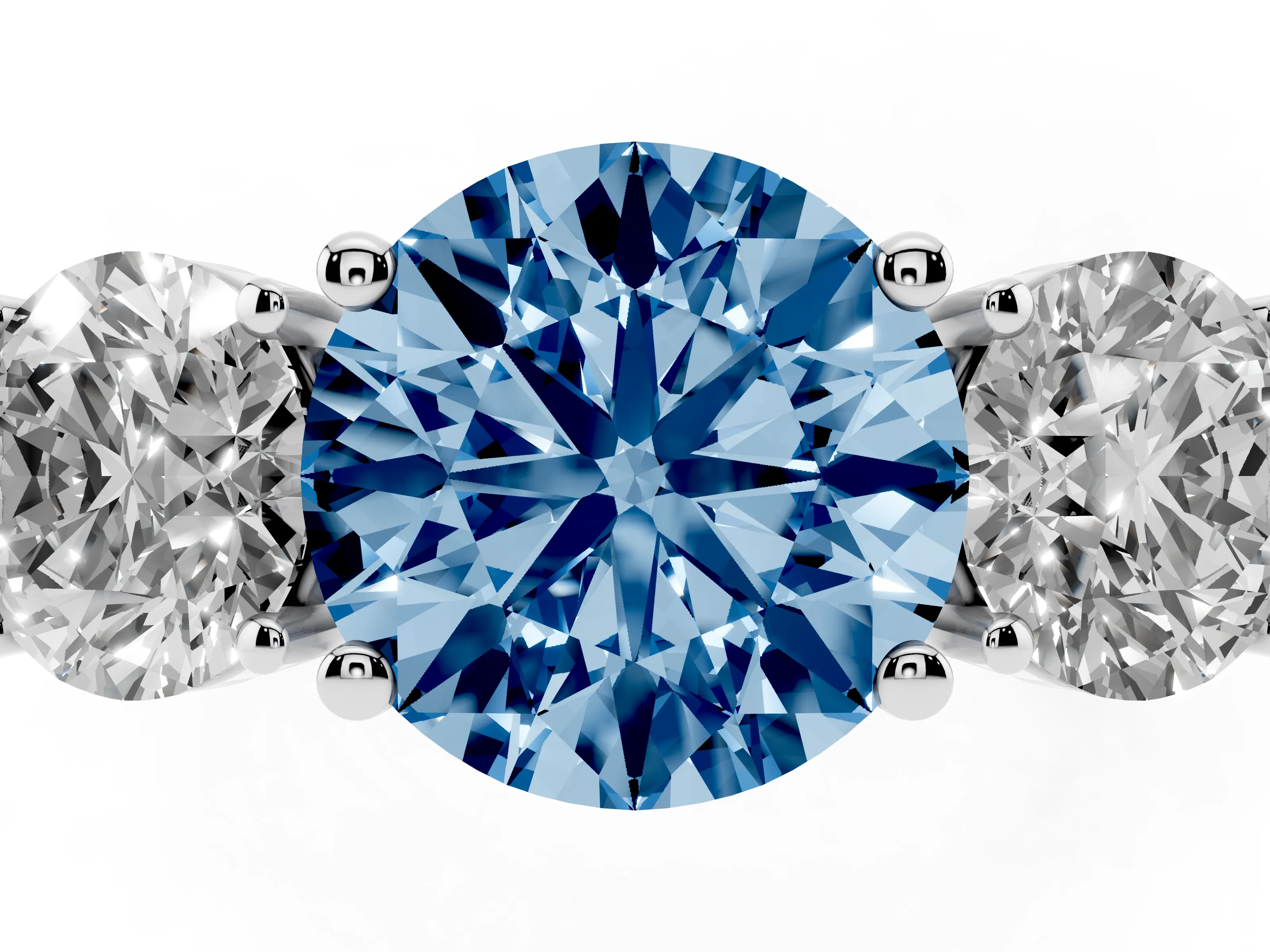 Fancy Blue Round Cut Diamond Three-Stone Engagement Ring Set in Silver with Flat Band