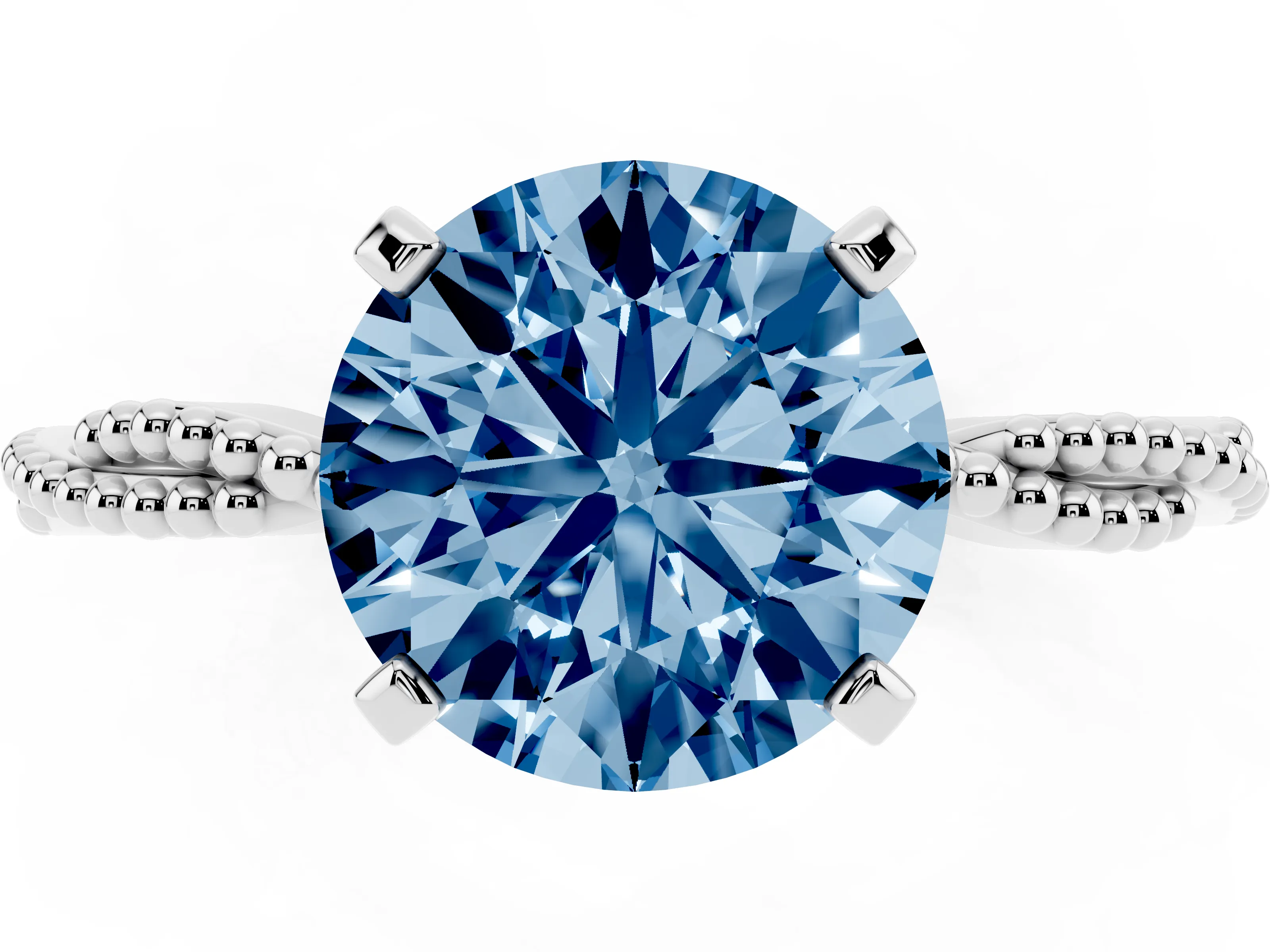 Fancy Blue Round Cut Diamond Solitaire Ring Set in Platinum with Twisted Band and Bead Prong Setting