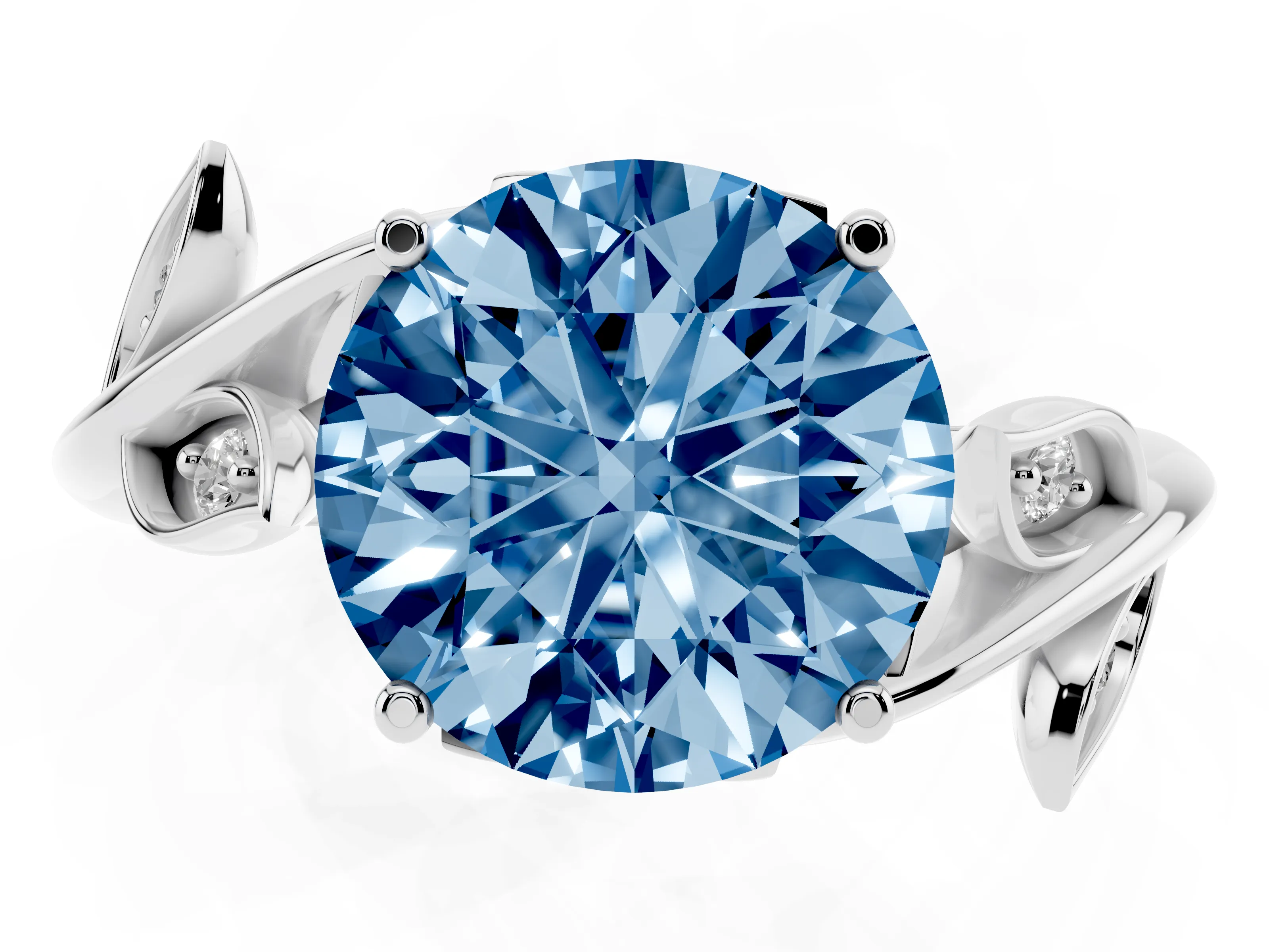 Fancy Blue Round Cut Diamond Solitaire Twist Engagement Ring Set in Silver with Pavé Leaf Accents