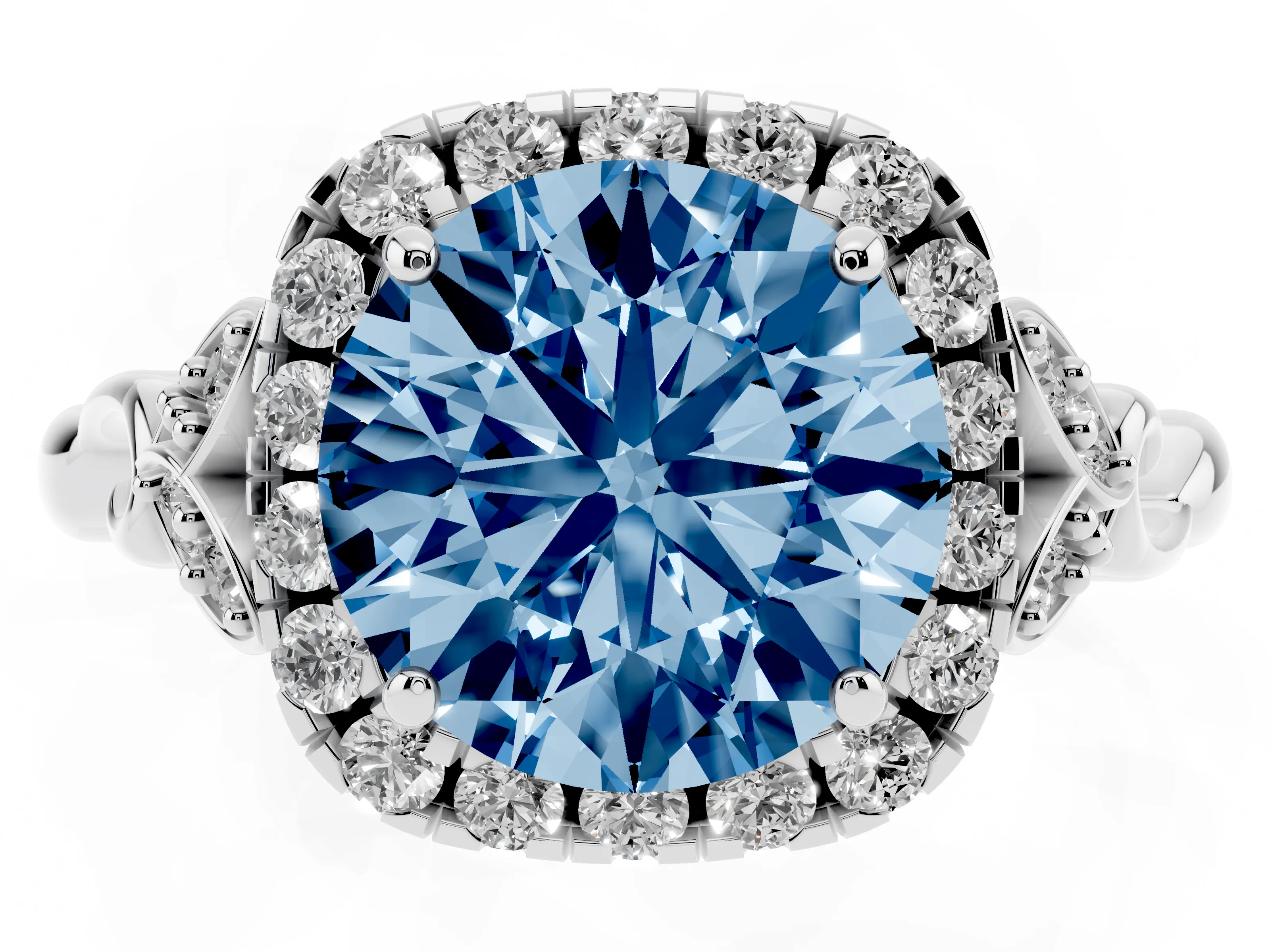 Fancy Blue Round Cut Diamond Halo Engagement Ring Set in White gold with Vintage-Inspired Band and Prong Setting