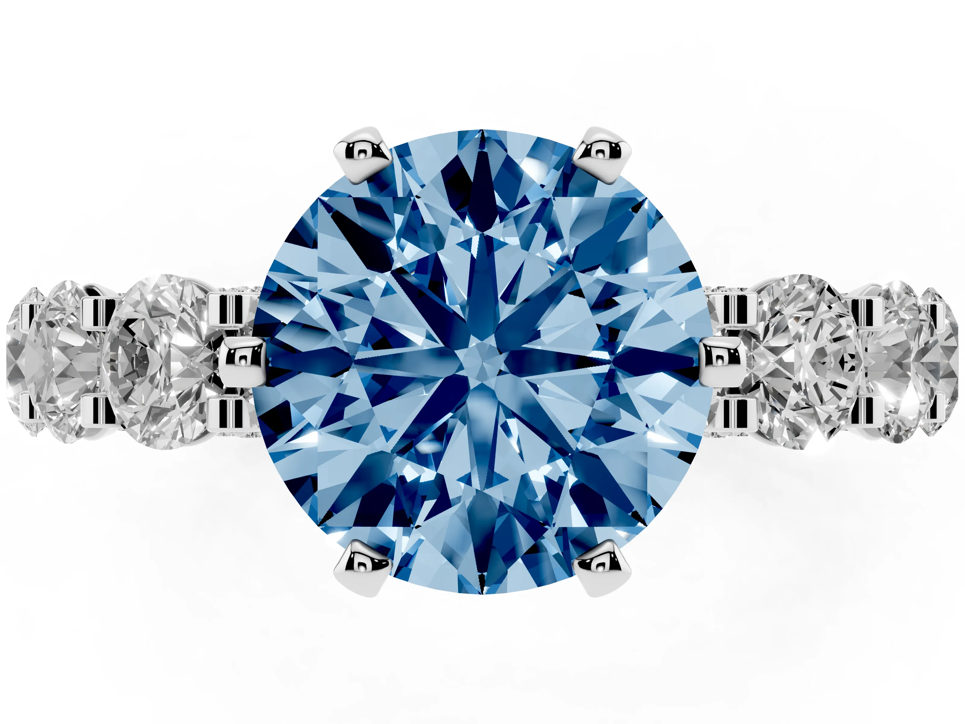 Fancy Blue Round Cut Diamond Side Stone Ring Set in White gold with Alternating Round and Oval Side Stones
