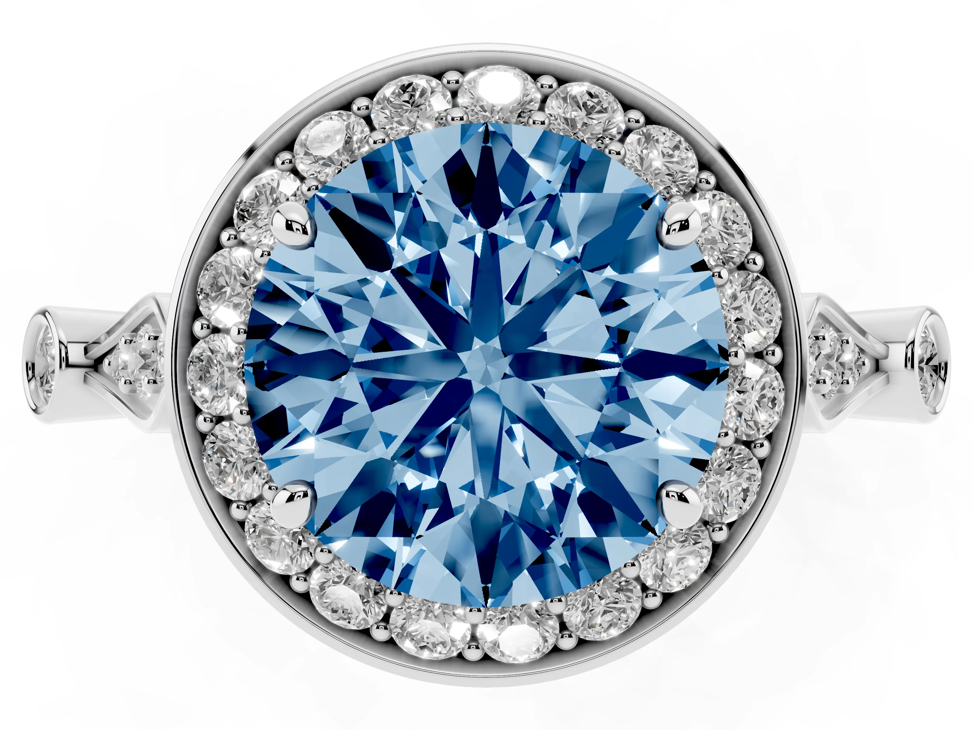Fancy Blue Round Cut Diamond Halo Engagement Ring Set in Platinum with Twisted Band and Prong Setting