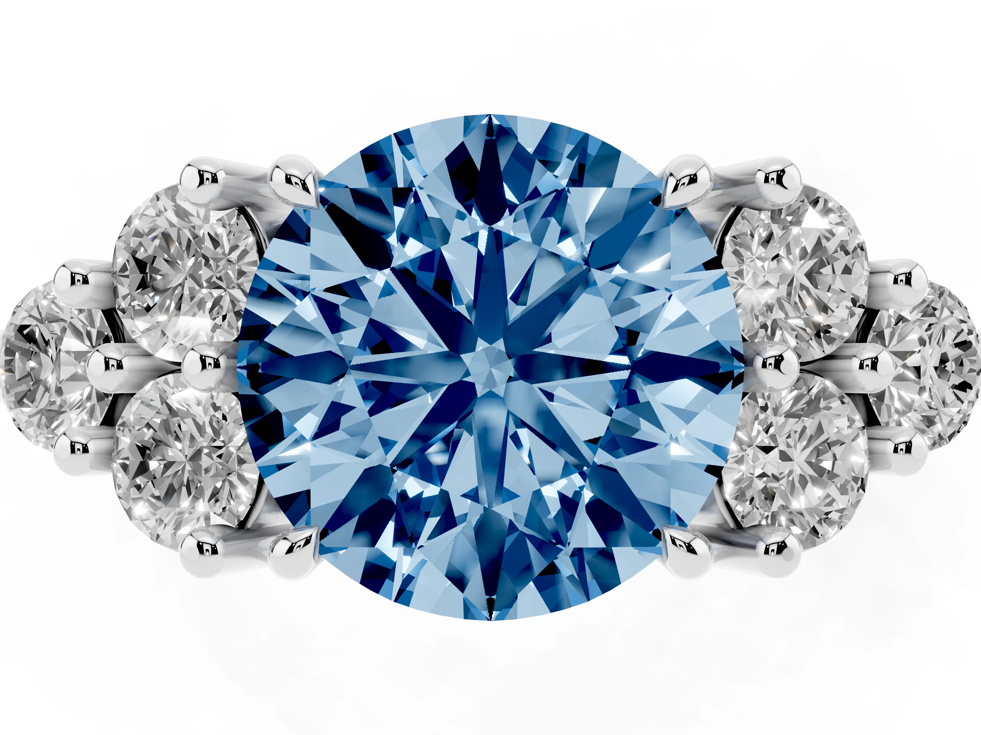 Fancy Blue Round Cut Diamond Solitaire Ring Set in Silver with Cluster Accents on Each Side