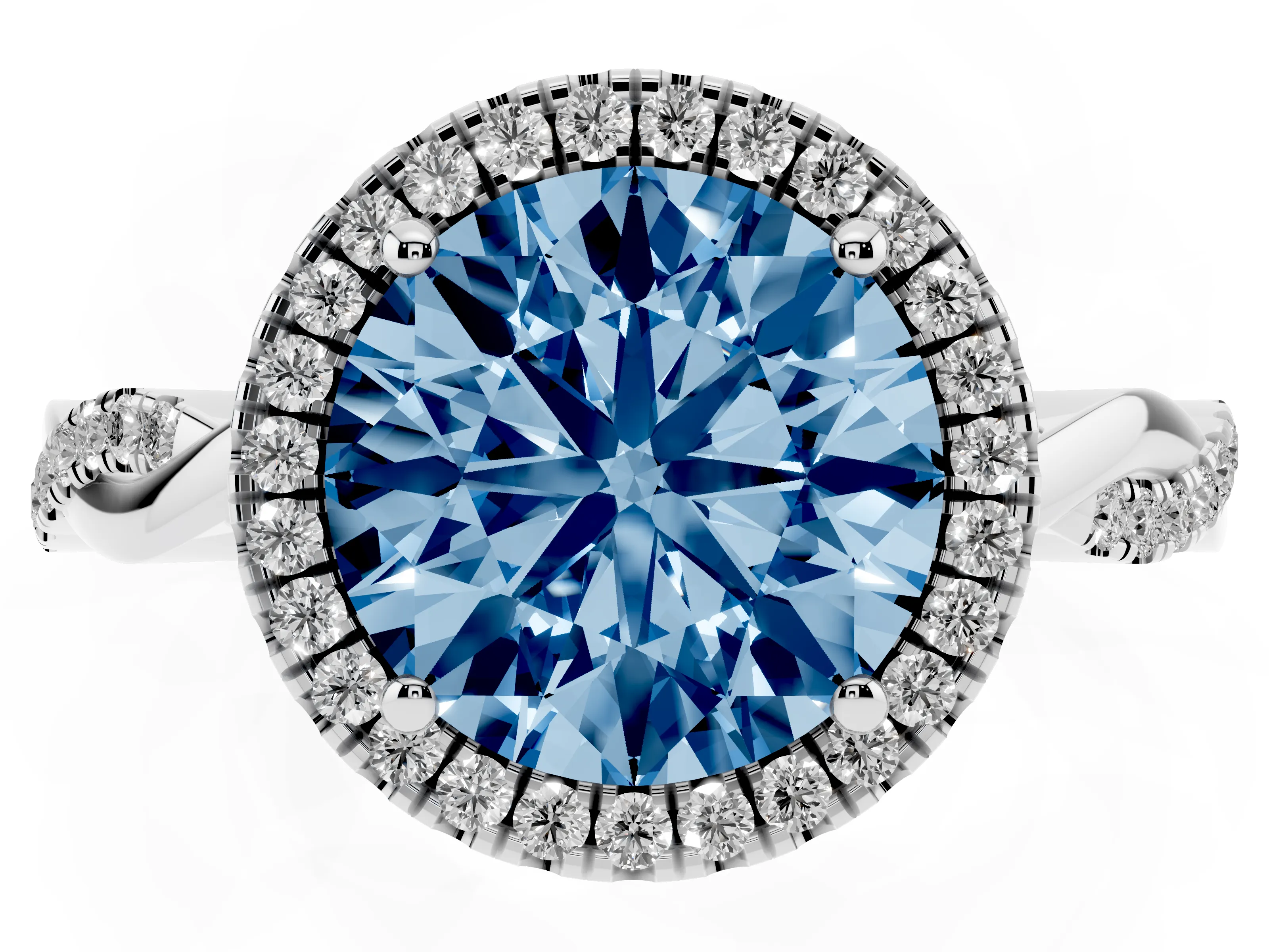Fancy Blue Round Cut Diamond Halo Twisted Band Ring Set in White gold with Prong Setting
