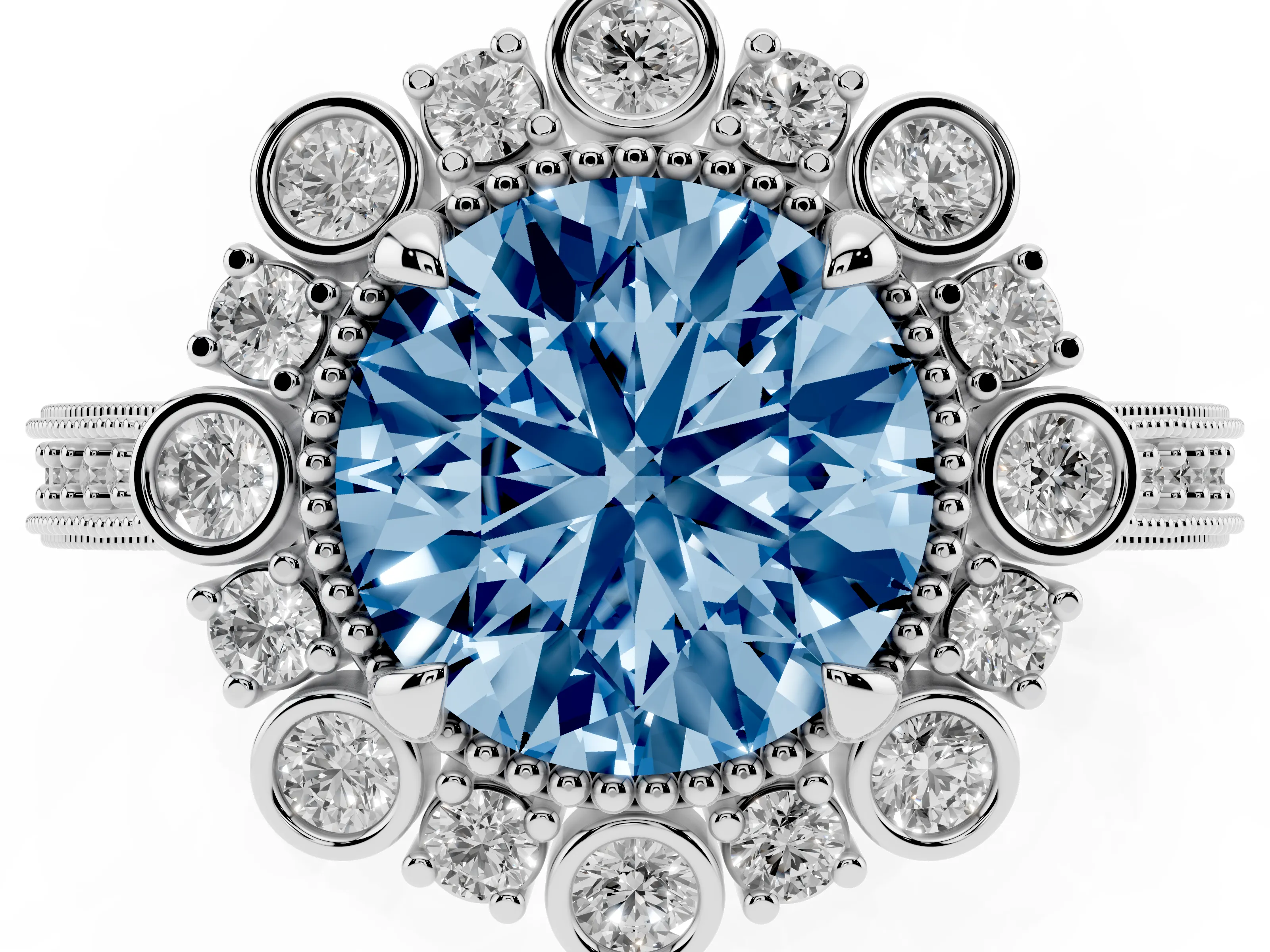 Fancy Blue Round Cut Diamond Halo Milgrain Pavé Ring Set in White gold with Prong Setting