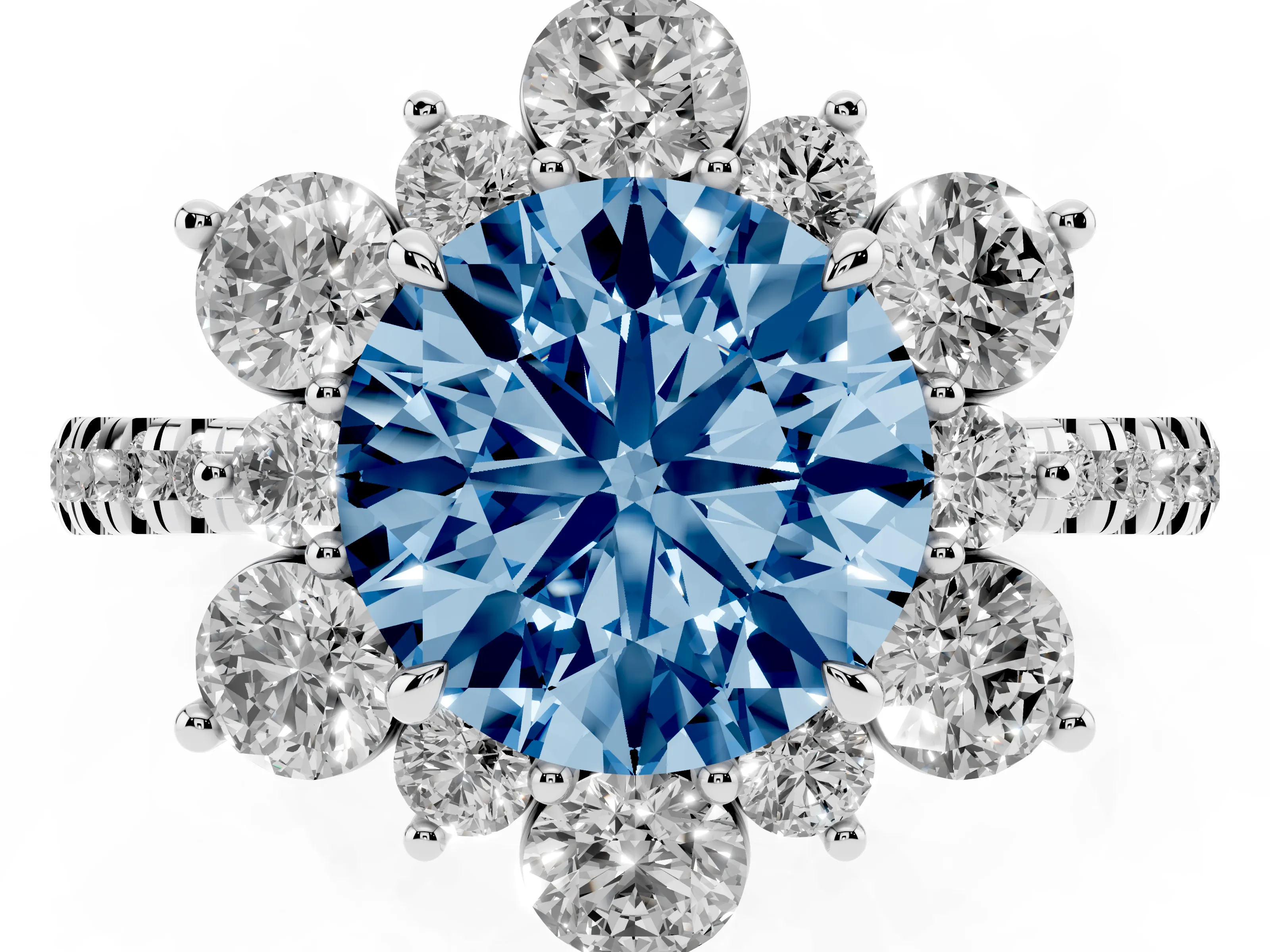 Fancy Blue Round Cut Diamond Floral Halo Ring Set in White gold with Round Pavé Band and Prong Setting