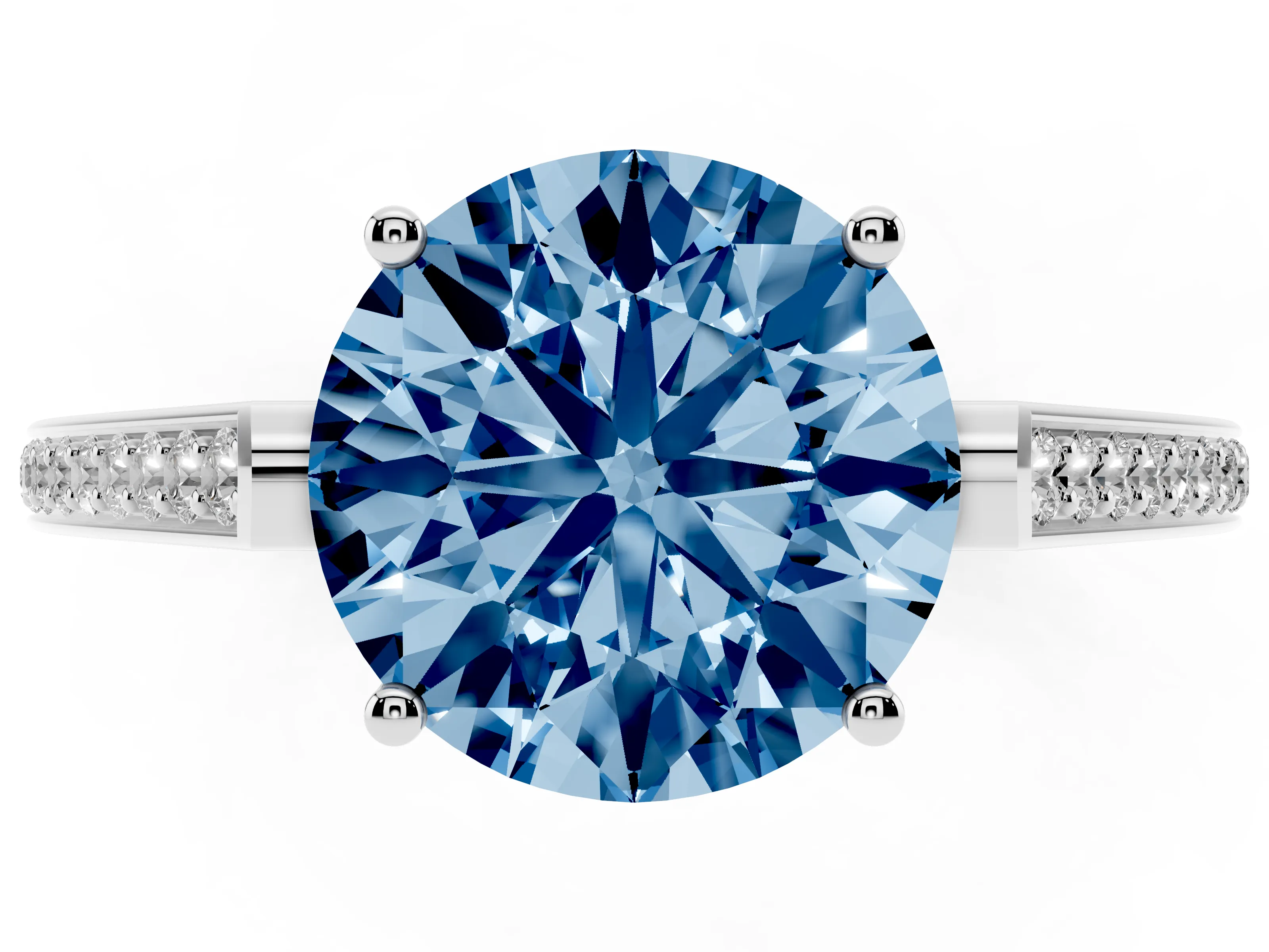 Fancy Blue Round Cut Diamond Cathedral Pavé Engagement Ring Set in Silver with Prong Setting