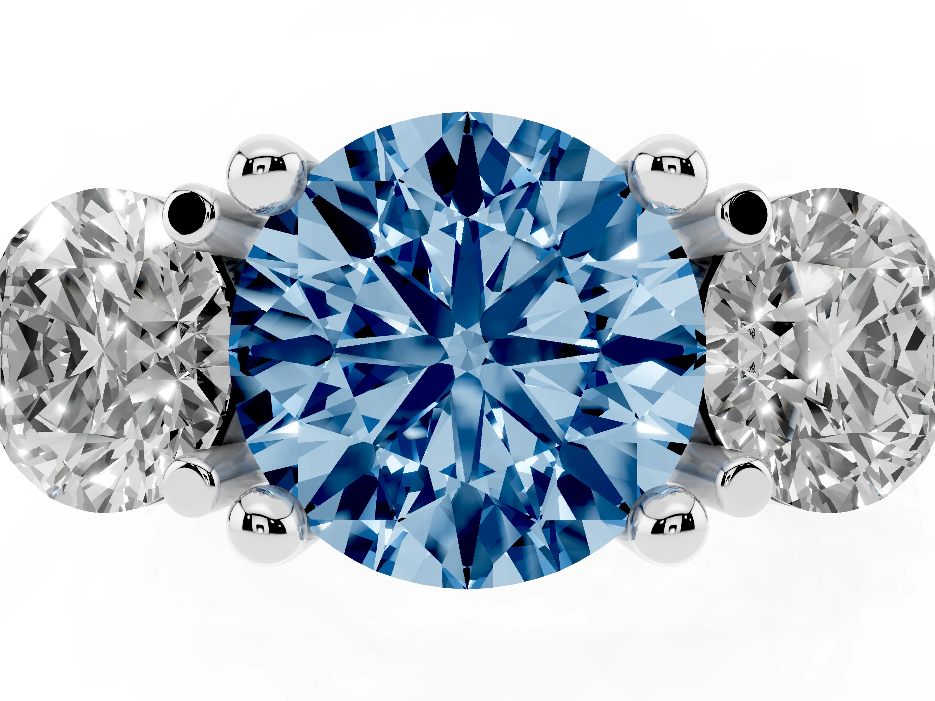 Fancy Blue Round Cut Diamond Three-Stone Ring Set in Platinum with Prong Setting and Classic Band