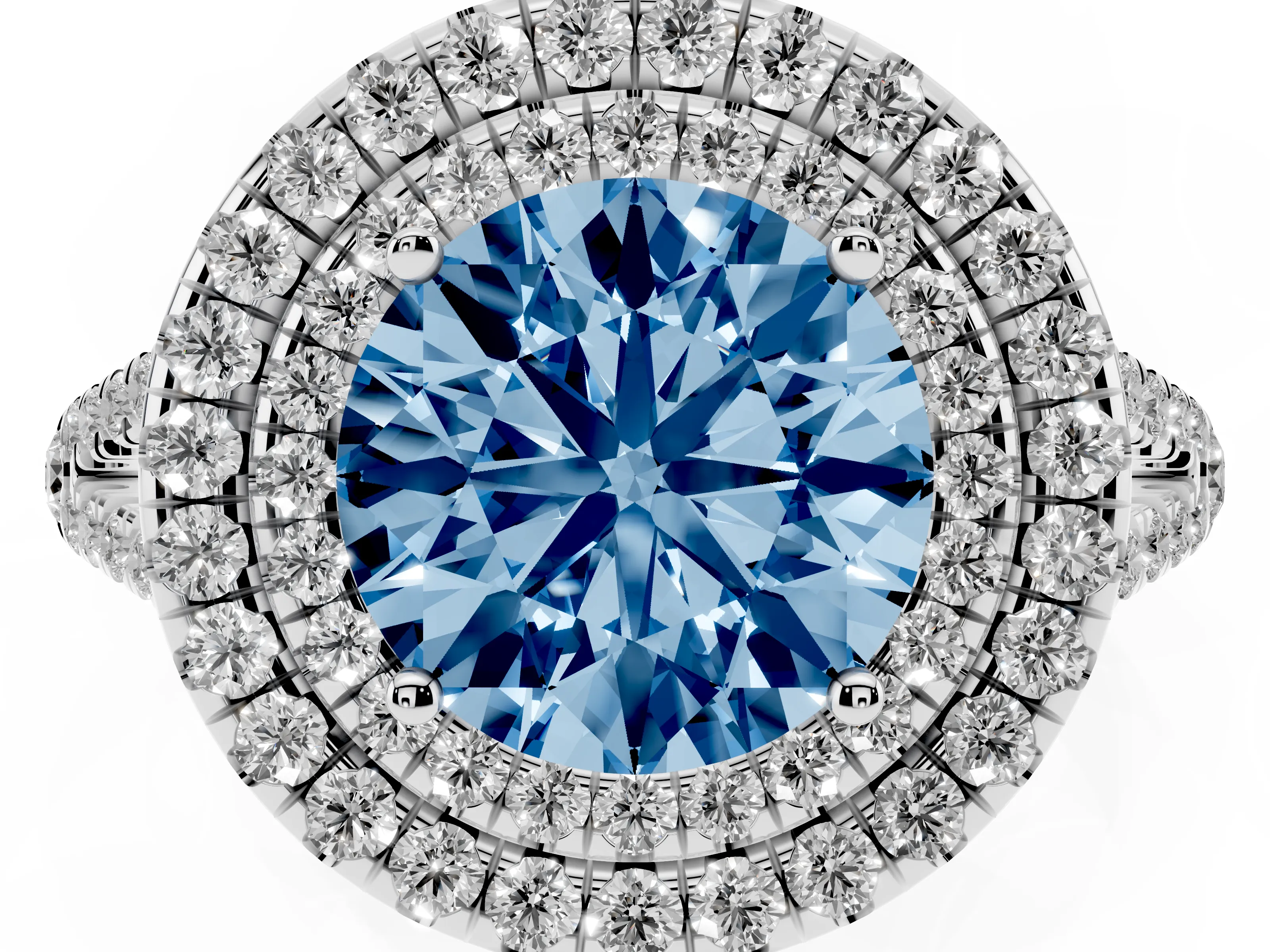 Fancy Blue Round Cut Diamond Double Halo Ring Set in Platinum with Pavé Band