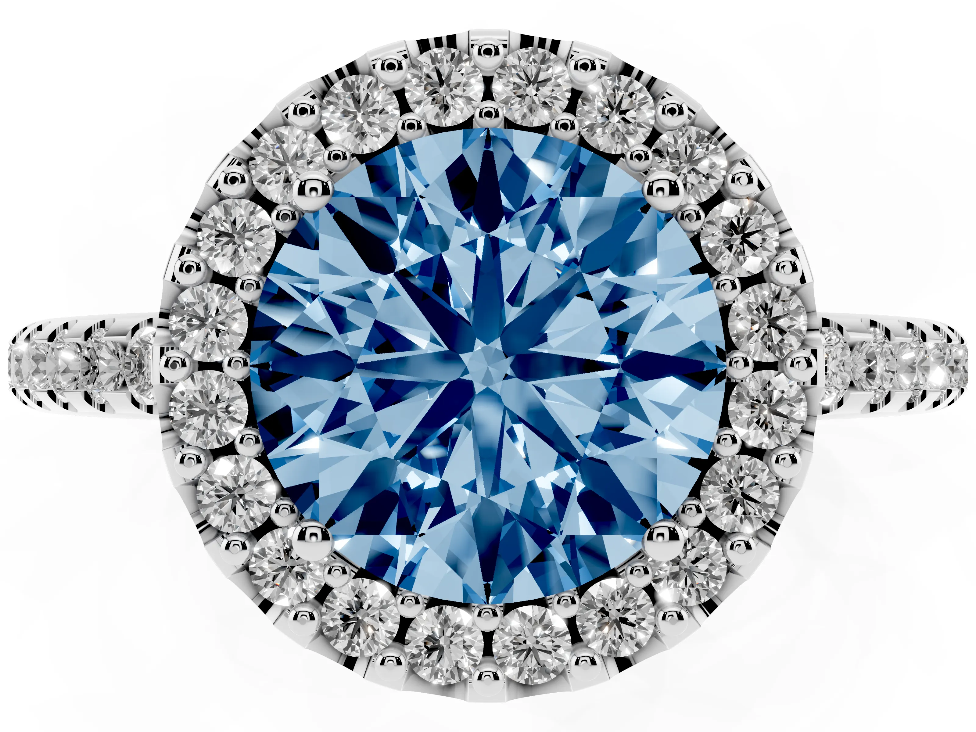 Fancy Blue Round Cut Diamond Pavé Halo Ring Set in Platinum with Prong Setting