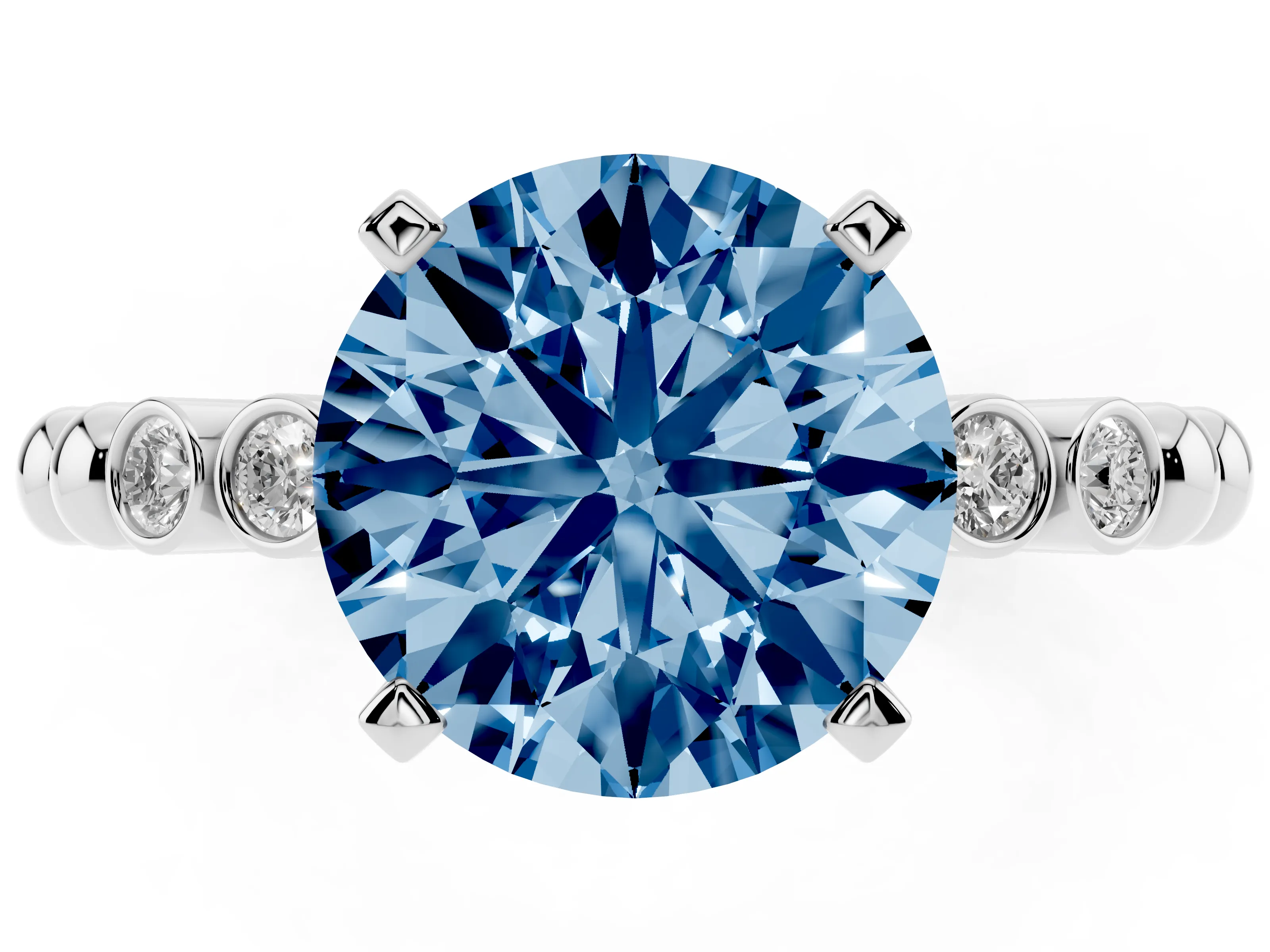 Fancy Blue Round Cut Diamond Solitaire Engagement Ring Set in Platinum with Bezel Accents on Beaded Band