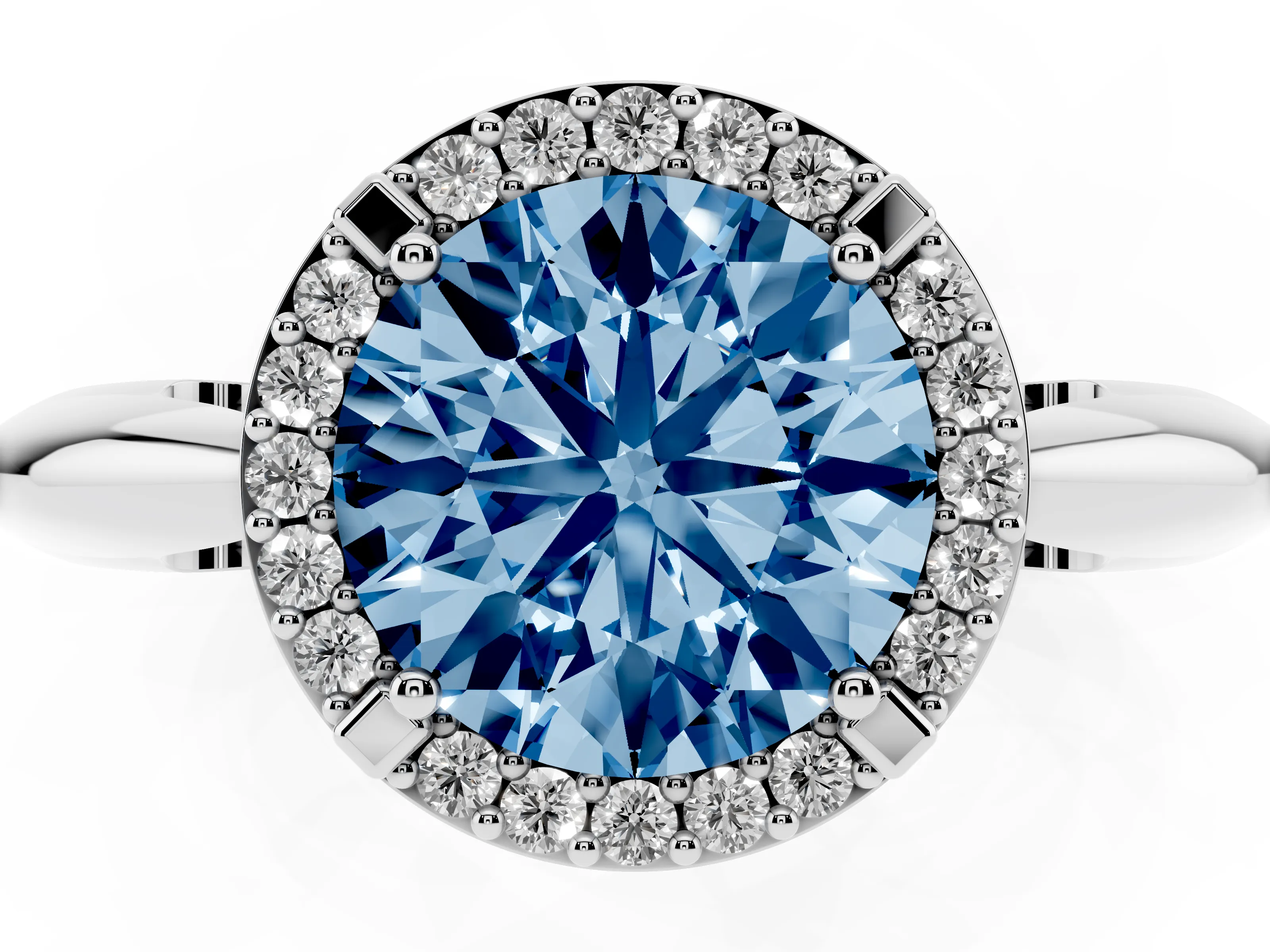 Fancy Blue Round Cut Diamond Halo Engagement Ring Set in Silver with Plain Split Shank and Prong Setting