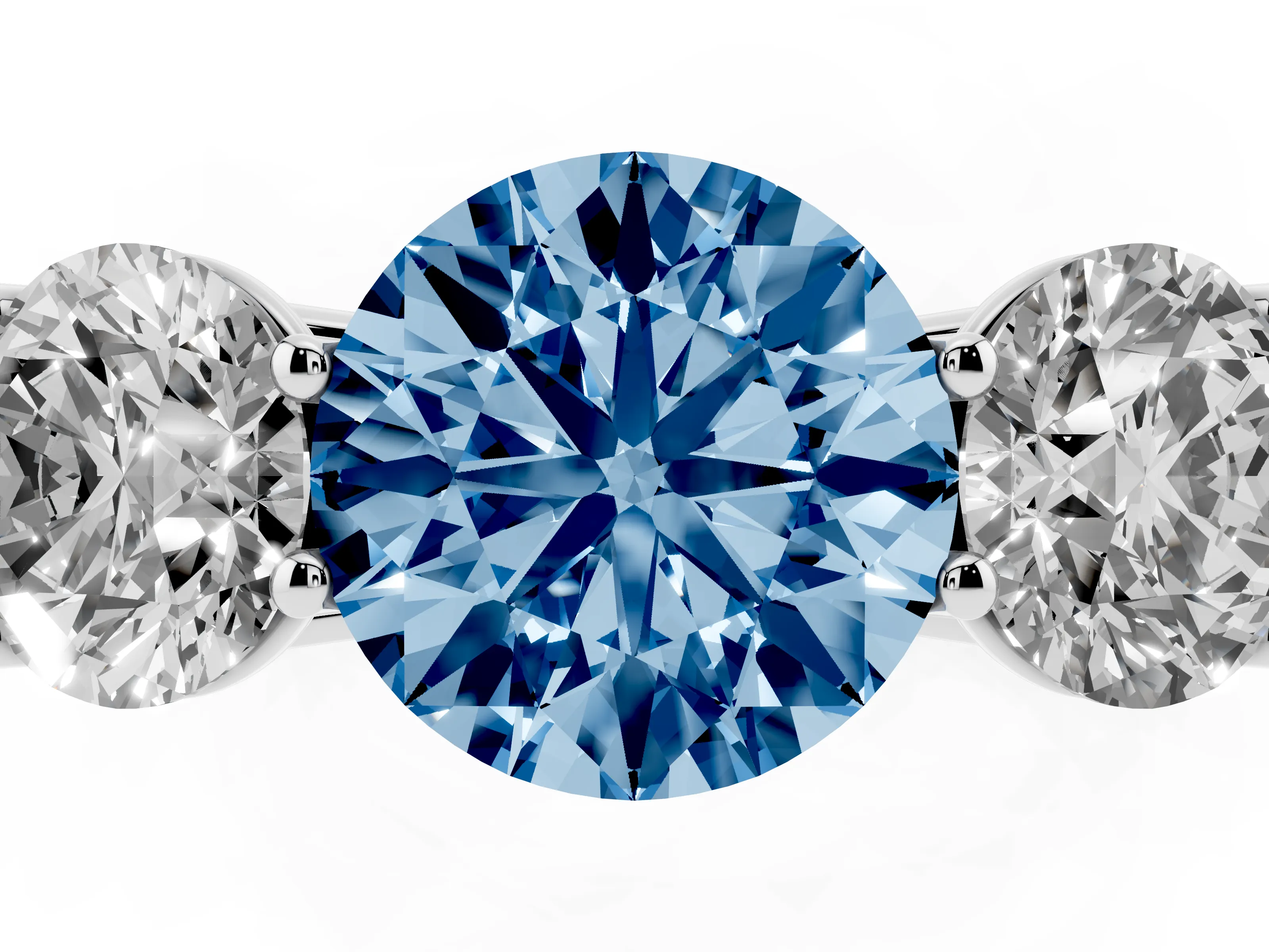 Fancy Blue Round Cut Diamond Three-Stone Ring Set in Silver with Plain Polished Band
