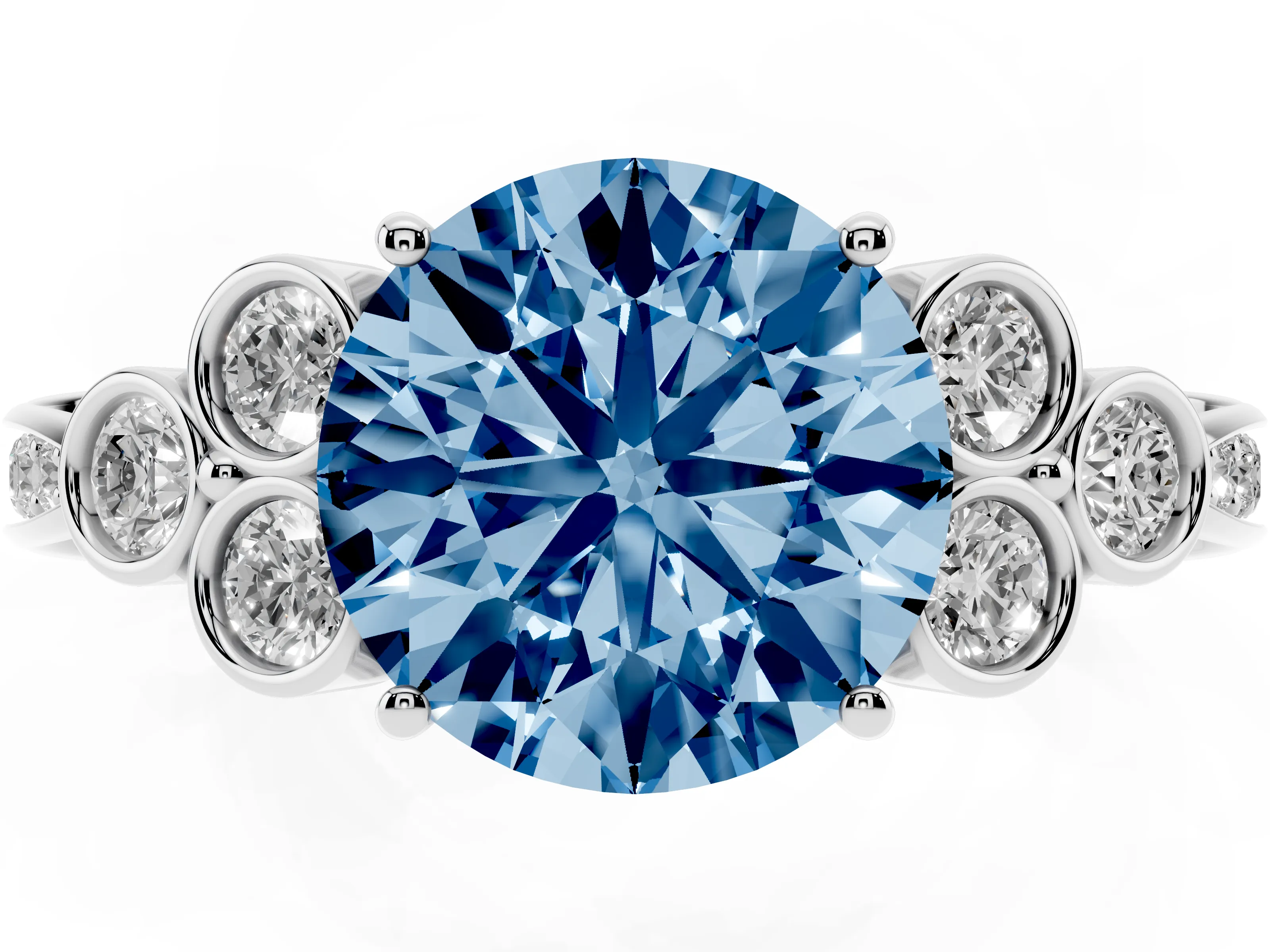 Fancy Blue Round Cut Diamond Engagement Ring Set in Platinum with Bezel Set Round Side Stones and Prong Setting