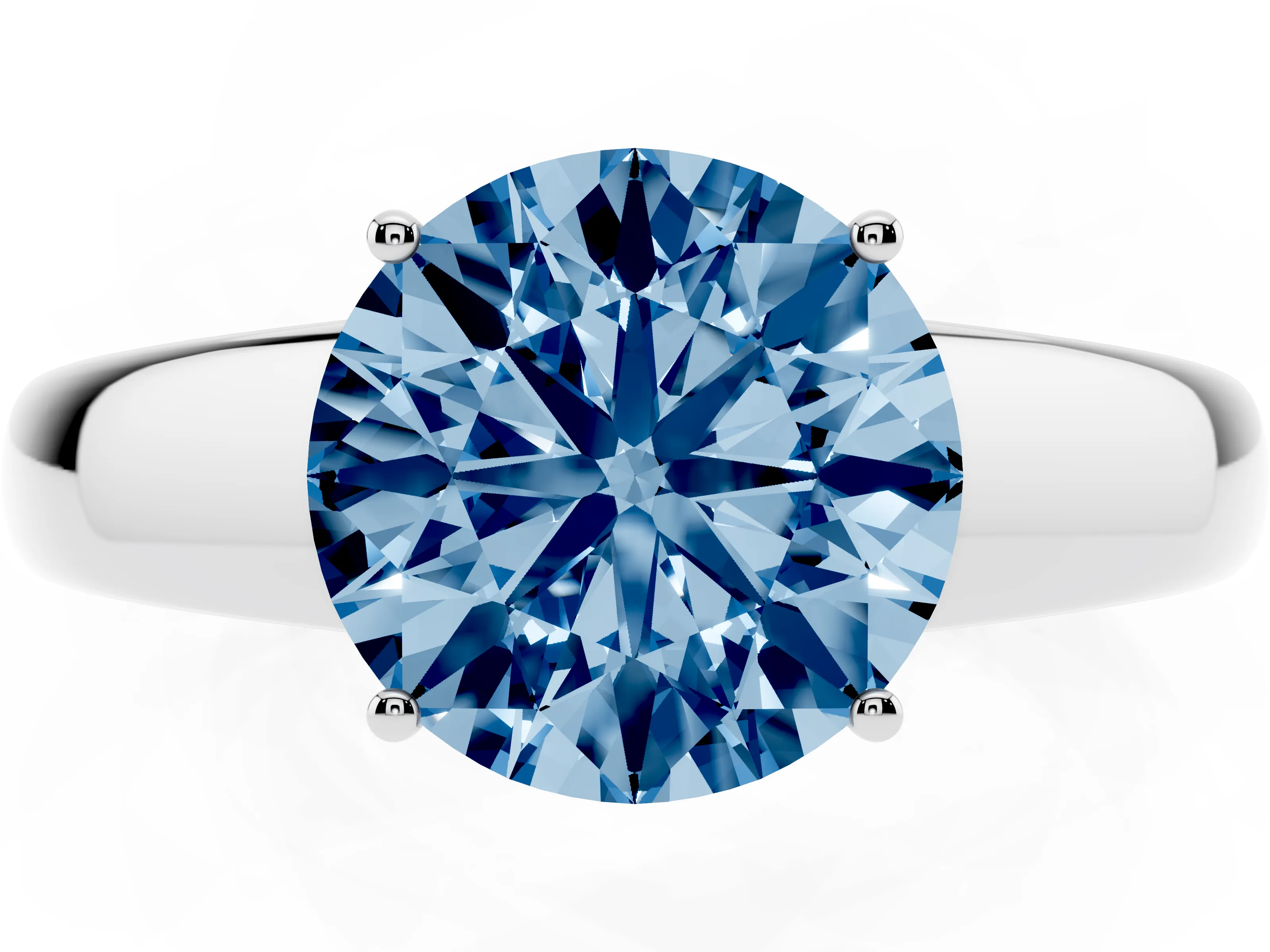 Fancy Blue Round Cut Diamond Solitaire Ring Set in Silver with Tapered Band and Prong Setting
