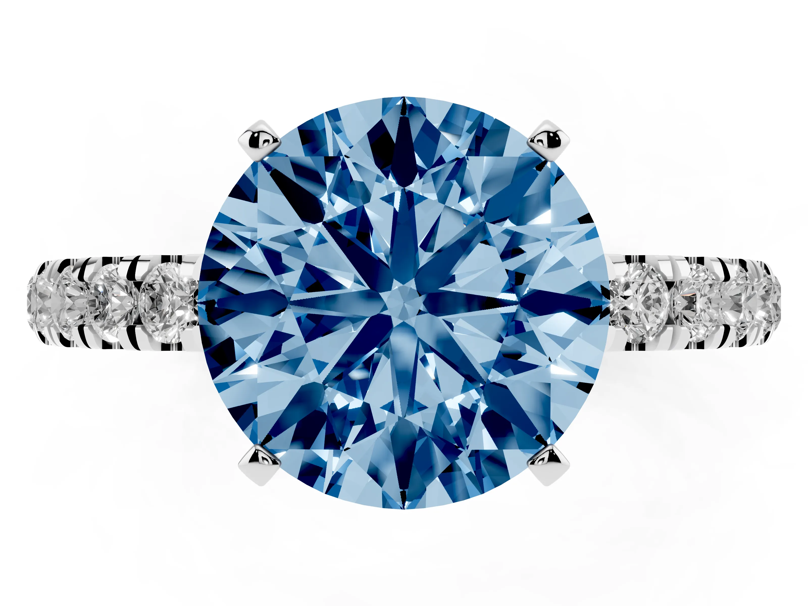 Fancy Blue Round Cut Diamond Solitaire Ring Set in Silver with Pavé Accents and Prong Setting