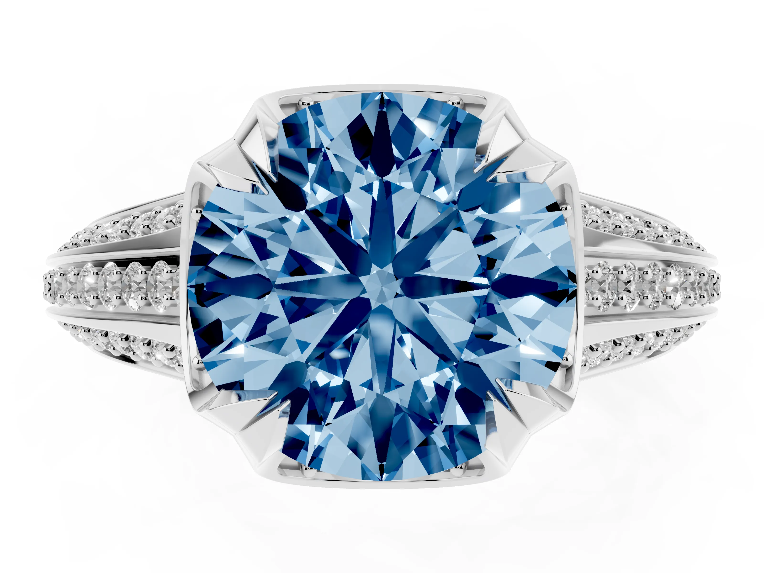 Fancy Blue Round Cut Diamond Pavé Split Shank Solitaire Ring Set in White gold with Prong Setting
