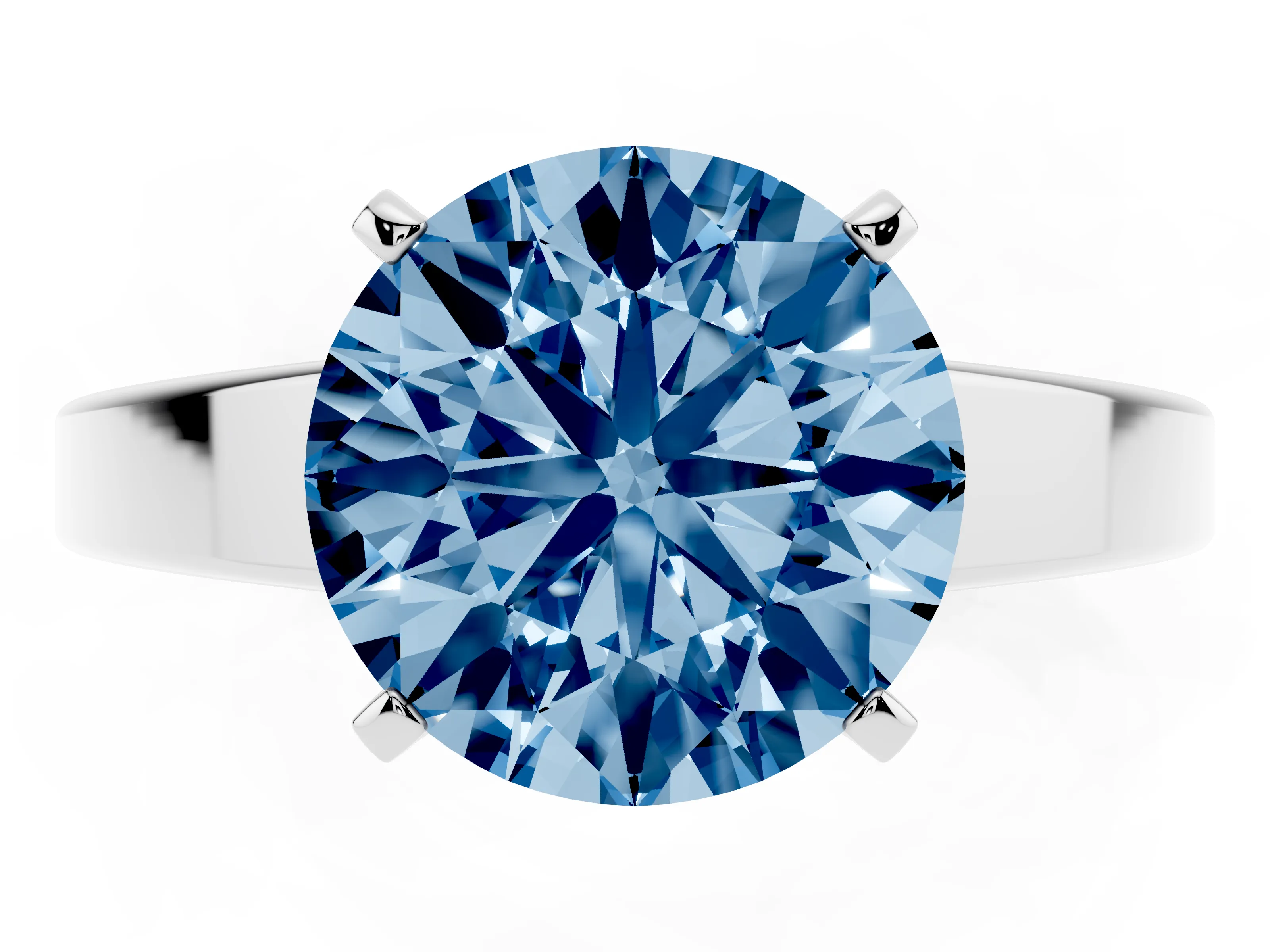 Fancy Blue Round Cut Diamond Solitaire Engagement Ring Set in White gold with Prong Setting and Tapered Band