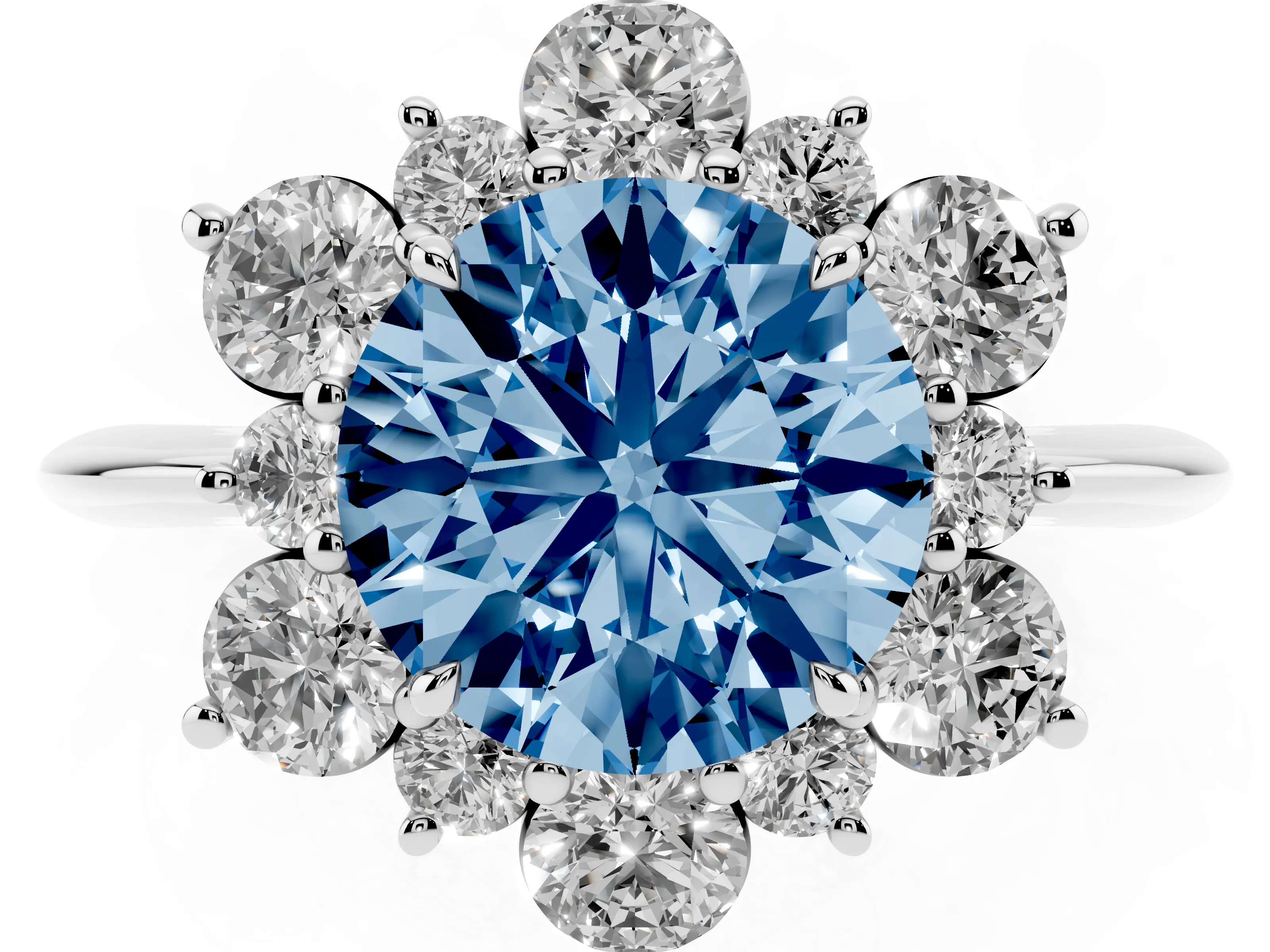 Fancy Blue Round Cut Diamond Cluster Halo Ring Set in Silver with Solitaire Band and Prong Setting