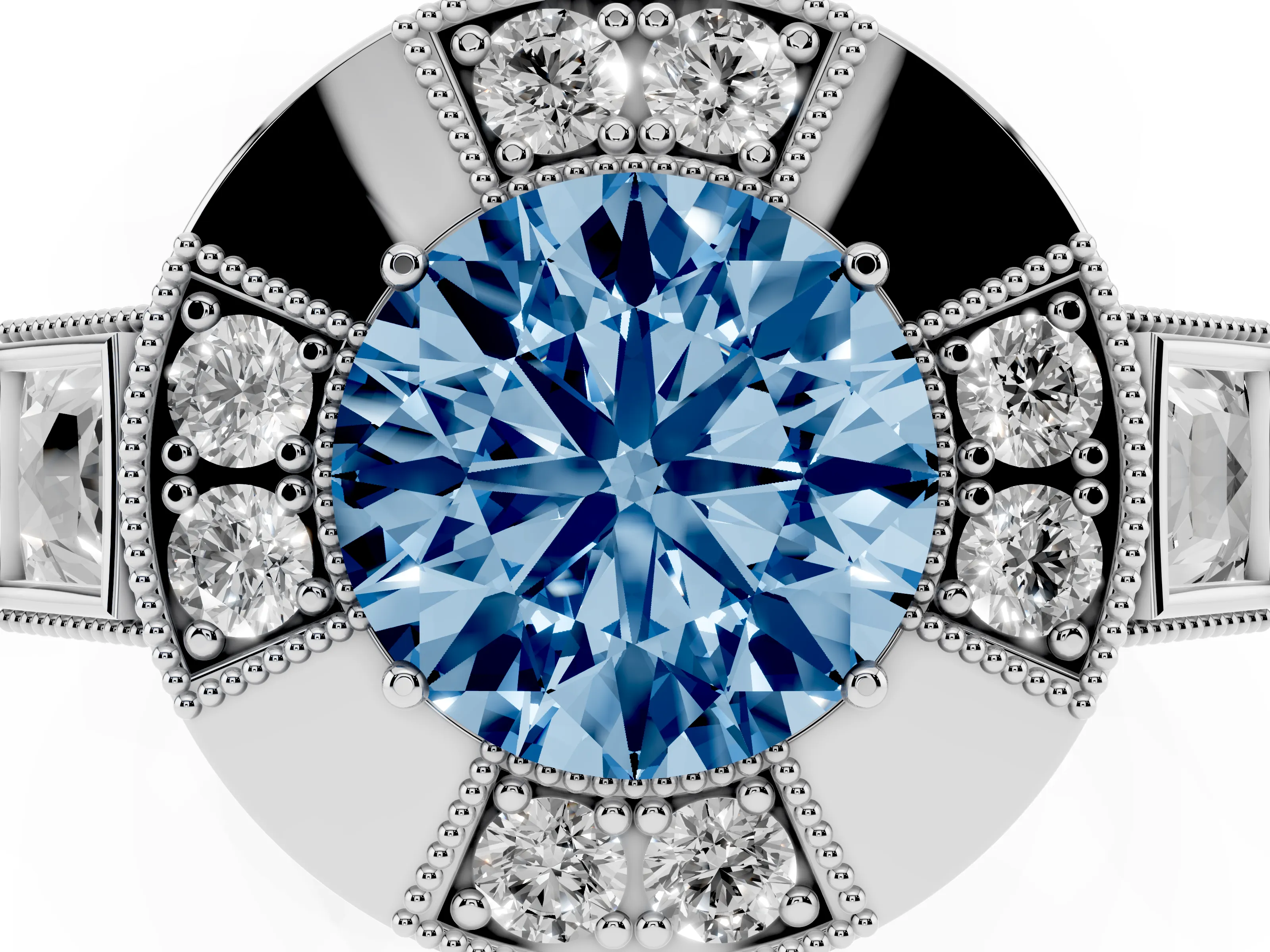 Fancy Blue Round Cut Diamond Milgrain Halo Ring Set in Silver with Split Shank