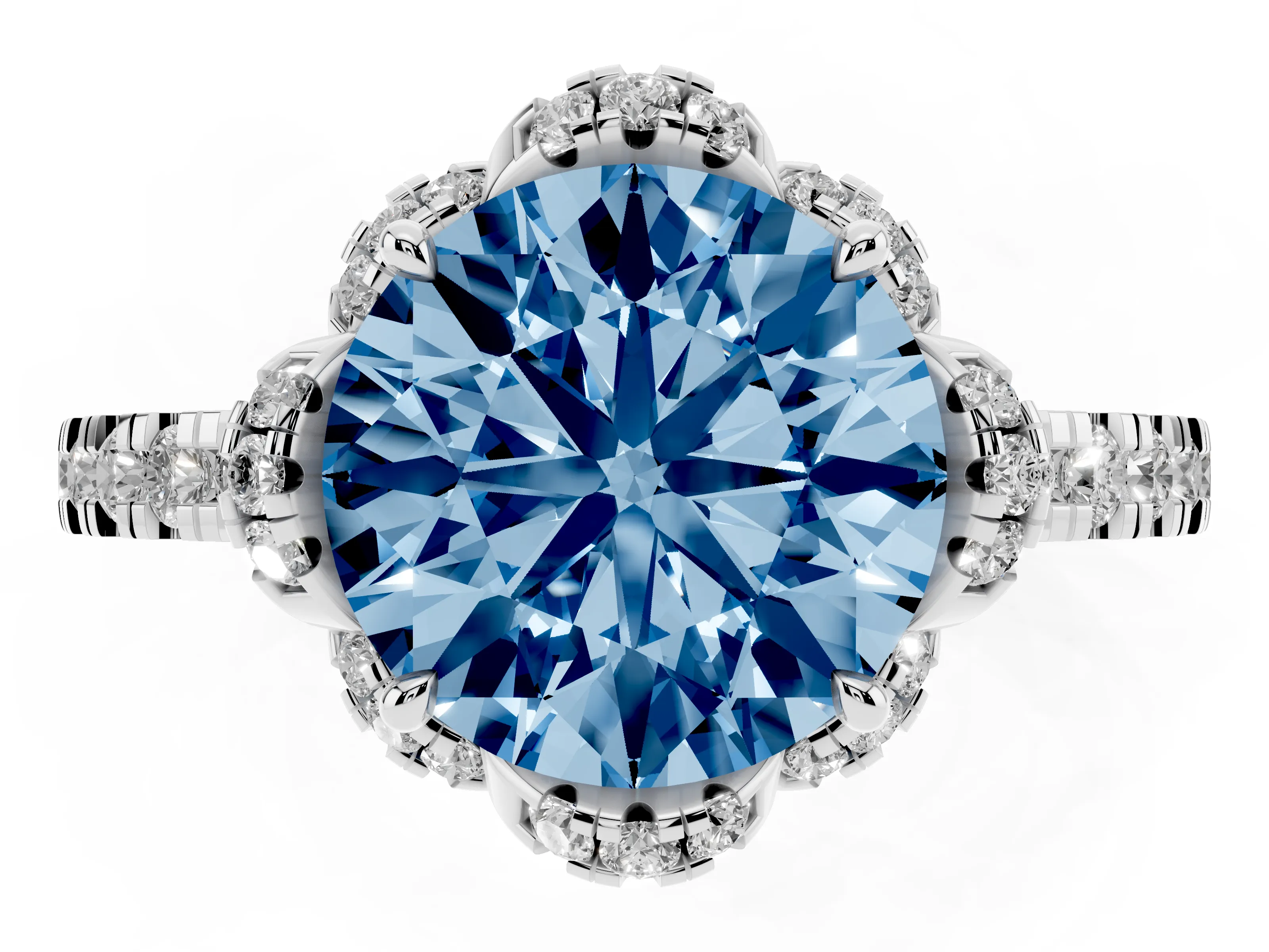Fancy Blue Round Cut Diamond Halo Pavé Band Ring Set in Platinum with Prong-Held Center