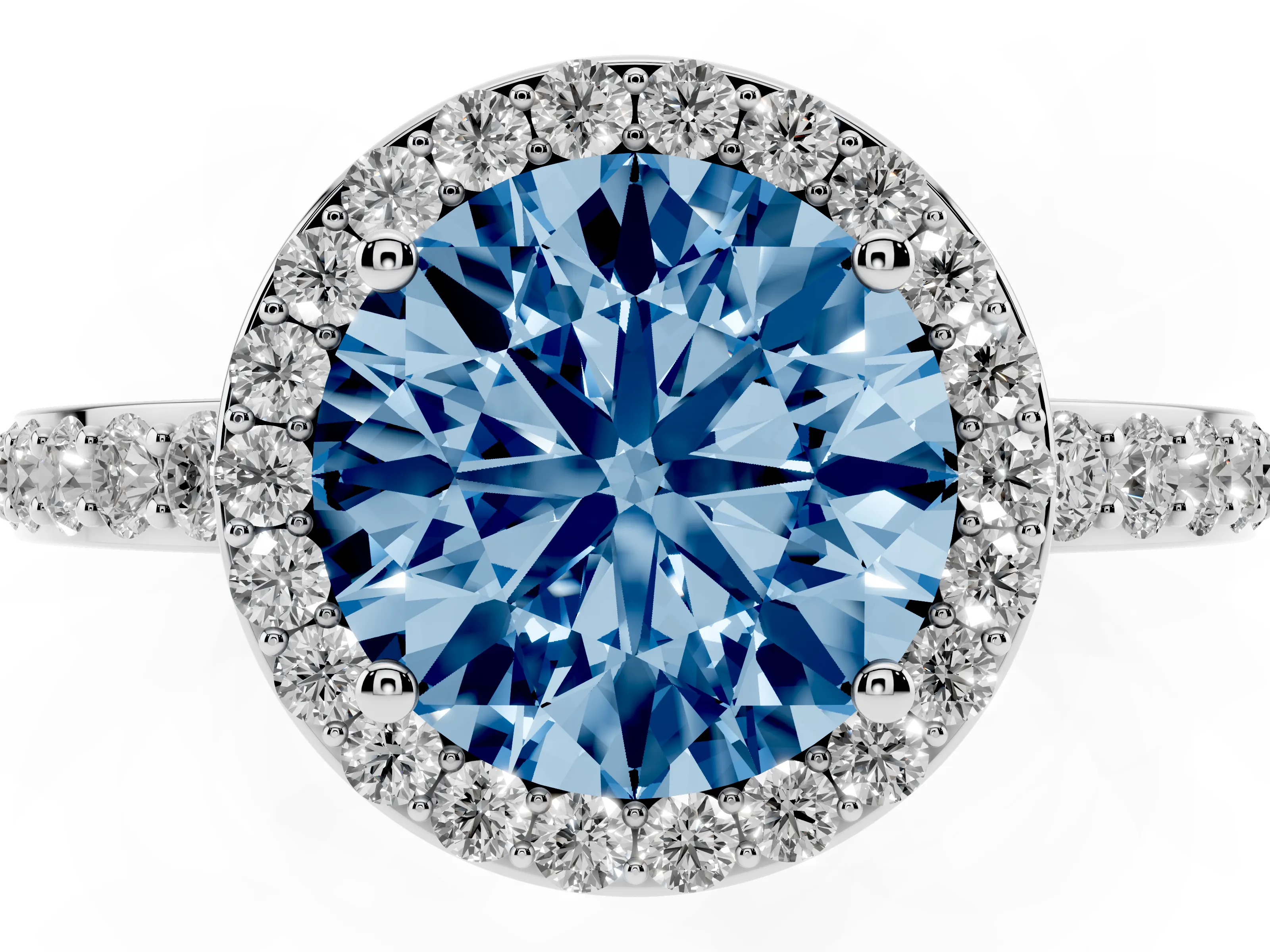 Fancy Blue Round Cut Diamond Halo Ring Set in Platinum with Pavé-Setting Band and Open Prong Center